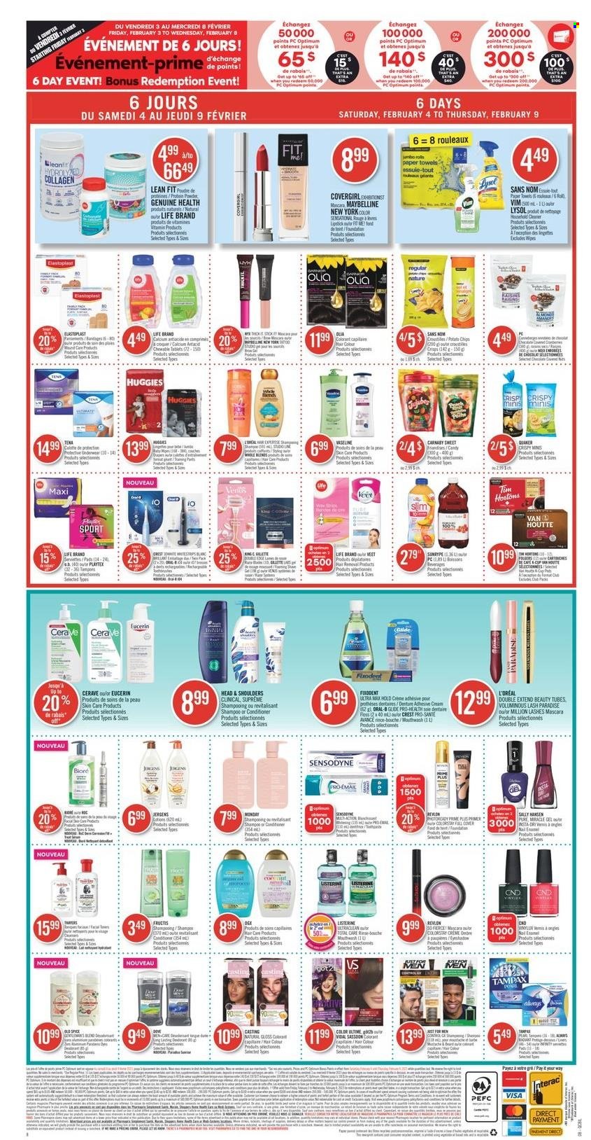 thumbnail - Pharmaprix Flyer - February 04, 2023 - February 09, 2023 - Sales products - pears, Quaker, strips, Dove, potato chips, chips, spice, oil, dried fruit, Folgers, wipes, baby wipes, kitchen towels, paper towels, cleaner, Lysol, Vaseline, mouthwash, Fixodent, Crest, Playtex, tampons, CeraVe, L’Oréal, NYX Cosmetics, conditioner, Revlon, Head & Shoulders, hair color, Fructis, Jergens, Veet, eyeshadow, mascara, Maybelline, cup, Optimum, whey protein, Eucerin, Listerine, raisins, Sally Hansen, shampoo, Tampax, Huggies, Old Spice, Oral-B, Sensodyne. Page 18.