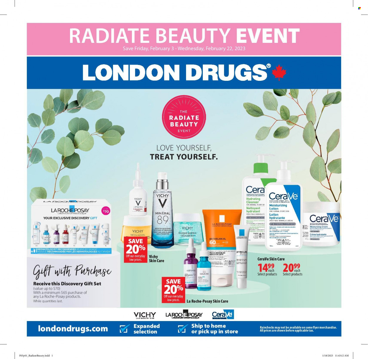thumbnail - London Drugs Flyer - February 03, 2023 - February 22, 2023 - Sales products - gift set, Vichy, CeraVe, cleanser, La Roche-Posay, body lotion. Page 1.