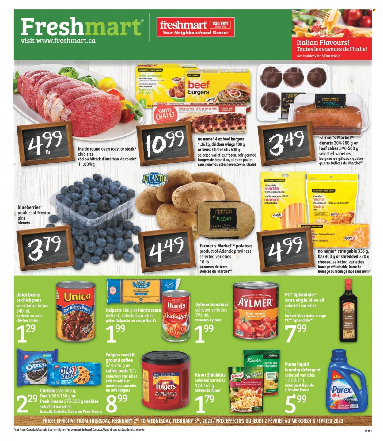 thumbnail - Freshmart Flyer - February 02, 2023 - February 08, 2023 - Sales products - cake, donut, russet potatoes, potatoes, peas, blueberries, No Name, hamburger, sauce, beef burger, chicken wings, cookies, biscuit, kidney beans, diced tomatoes, extra virgin olive oil, olive oil, oil, coffee, coffee pods, Folgers, ground coffee, ribs, pork meat, pork ribs, pork back ribs, laundry detergent, Purex, detergent, Oreo, steak, Knorr. Page 1.