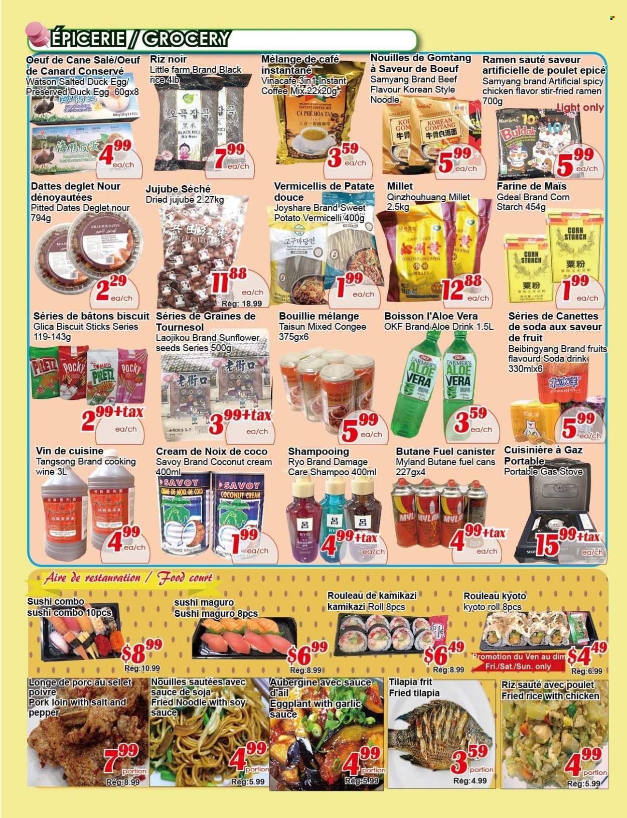thumbnail - Marché C&T Flyer - February 02, 2023 - February 08, 2023 - Sales products - sweet potato, eggplant, jujube, tilapia, ramen, sauce, noodles, eggs, biscuit, pepper, soy sauce, garlic sauce, dried fruit, dried dates, sunflower seeds, soda, coffee, instant coffee, cooking wine, pork loin, pork meat. Page 2.