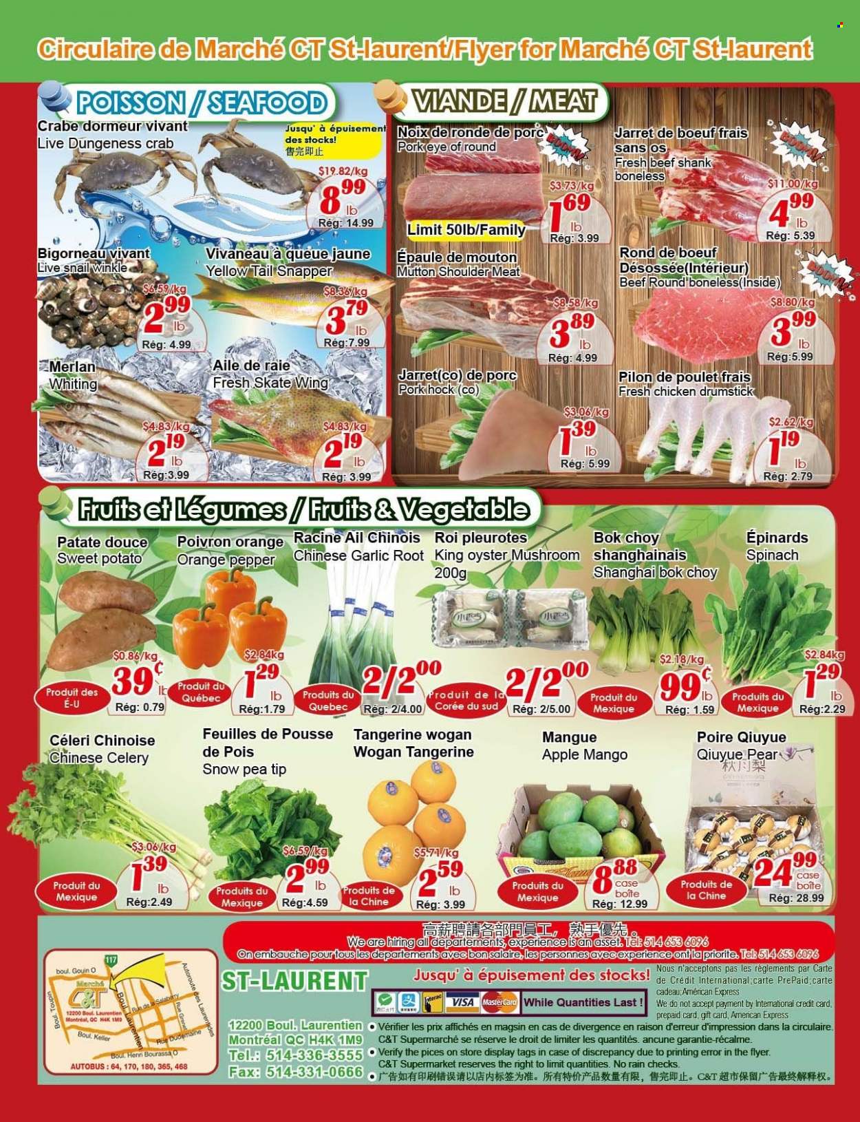 thumbnail - Marché C&T Flyer - February 02, 2023 - February 08, 2023 - Sales products - oyster mushrooms, mushrooms, bok choy, celery, garlic, spinach, sweet potato, mango, pears, oranges, oysters, periwinkle meat, seafood, crab, whiting, pepper, beef meat, beef shank, eye of round, pork hock, pork meat, mutton meat. Page 4.