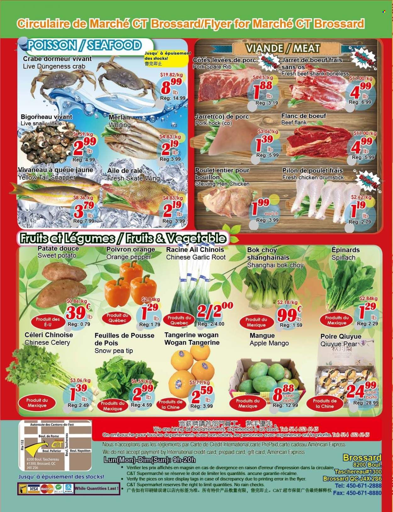thumbnail - Marché C&T Flyer - February 02, 2023 - February 08, 2023 - Sales products - bok choy, celery, garlic, spinach, sweet potato, mango, pears, oranges, periwinkle meat, seafood, crab, whiting, bouillon, pepper, pork hock, pork meat. Page 4.