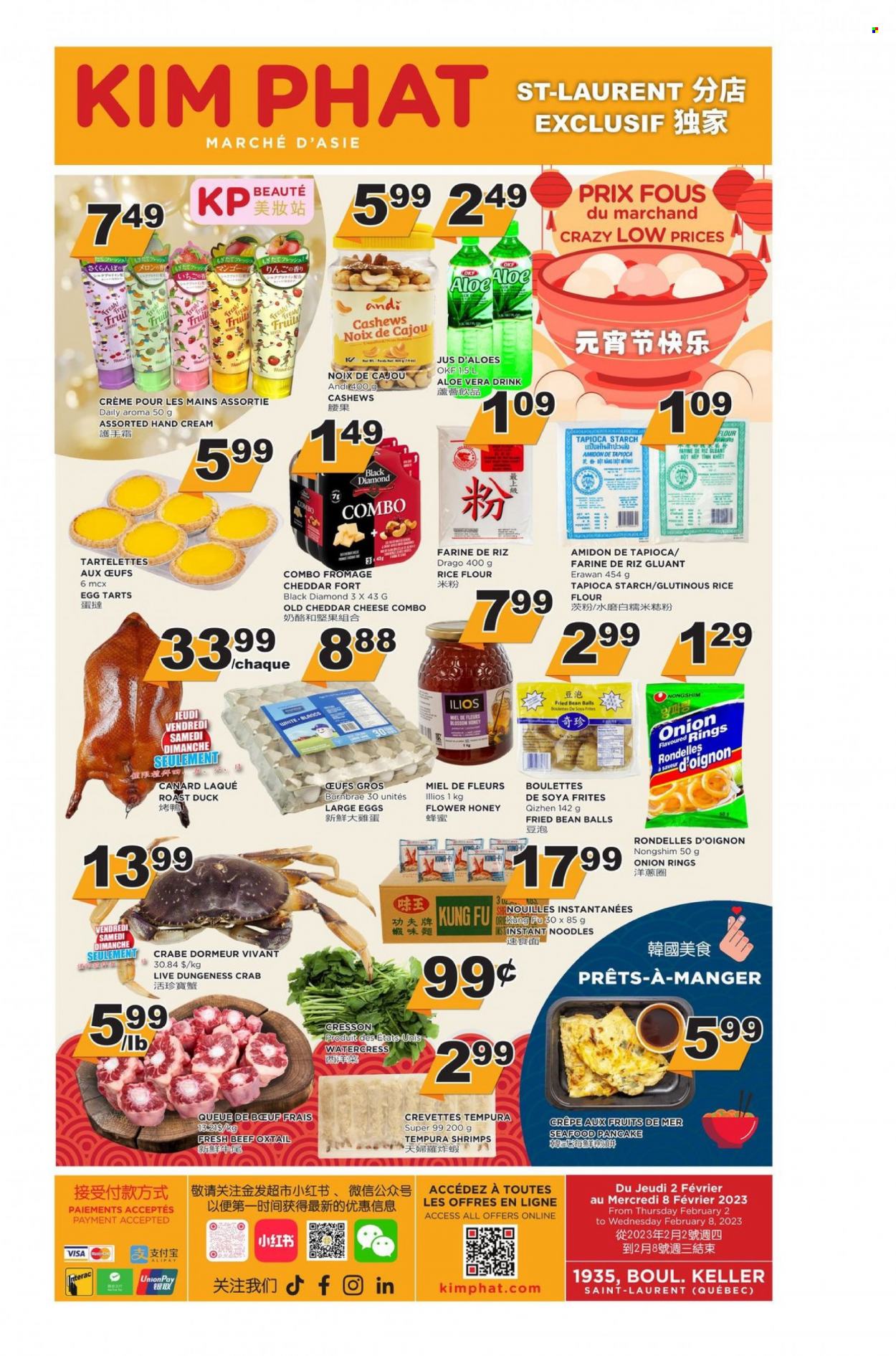 thumbnail - Kim Phat Flyer - February 02, 2023 - February 08, 2023 - Sales products - mango, seafood, crab, shrimps, onion rings, pancakes, noodles, cheddar, cheese, large eggs, flour, rice flour, starch, tapioca starch, honey, cashews, beef meat, oxtail. Page 5.