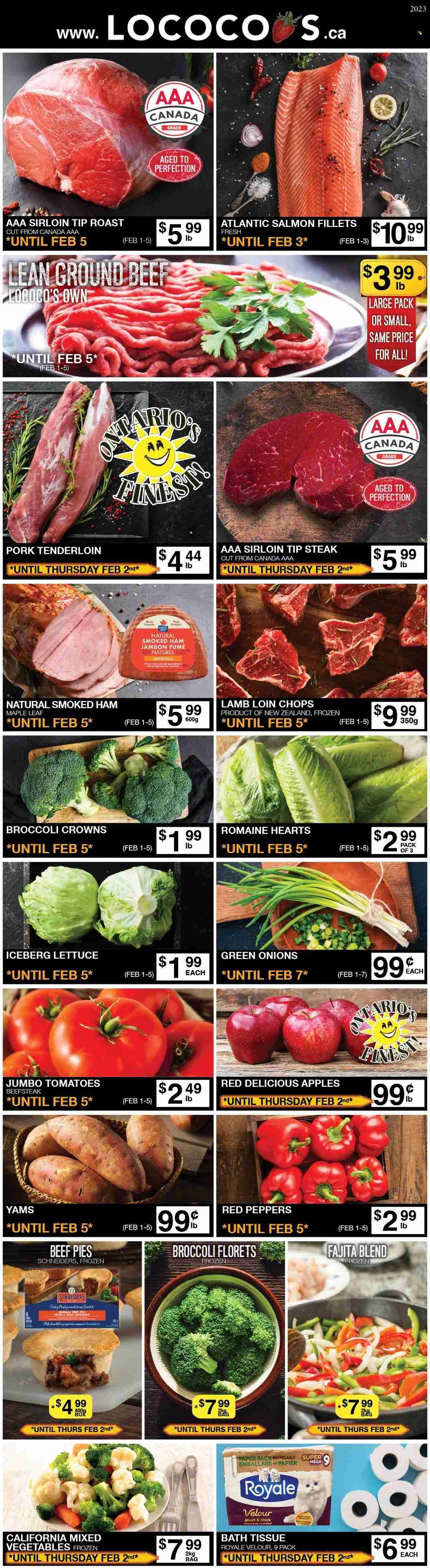 thumbnail - Lococo's Flyer - February 01, 2023 - February 05, 2023 - Sales products - tomatoes, lettuce, peppers, green onion, red peppers, apples, Red Delicious apples, beef meat, ground beef, pork meat, pork tenderloin, lamb loin, lamb meat, beef pie, fajita mix, ham, smoked ham, mixed vegetables, salmon, steak. Page 1.