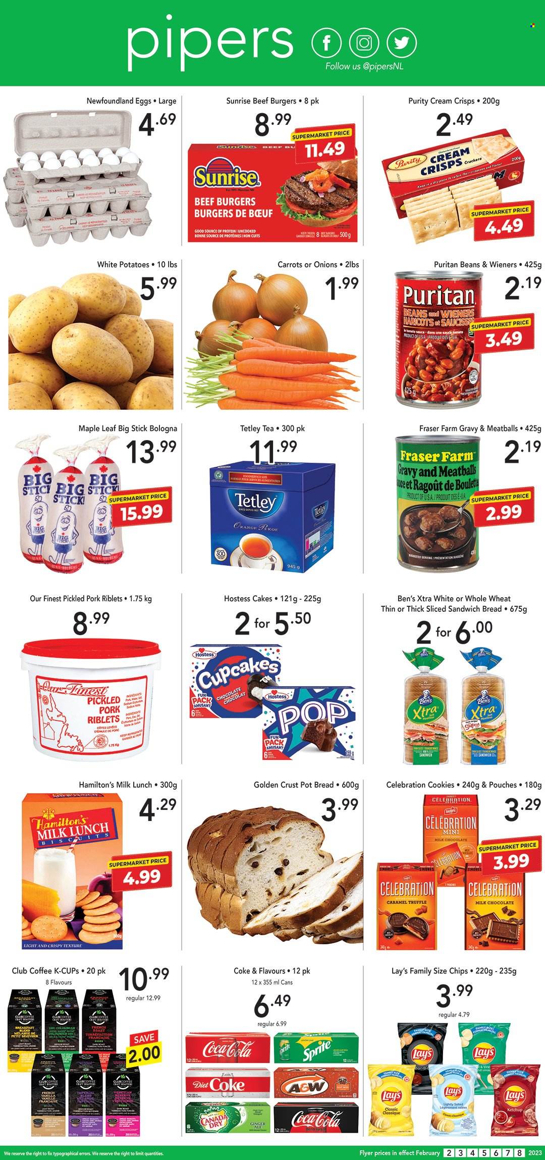 thumbnail - Pipers Flyer - February 02, 2023 - February 08, 2023 - Sales products - bread, cake, cupcake, carrots, ginger, potatoes, onion, oranges, meatballs, hamburger, beef burger, pickled pork, eggs, cookies, milk chocolate, chocolate, truffles, Celebration, crackers, biscuit, chips, Lay’s, Canada Dry, Coca-Cola, Sprite, Diet Coke, A&W, tea, coffee, coffee capsules, K-Cups, Purity, XTRA, pot, shorts, ketchup. Page 1.
