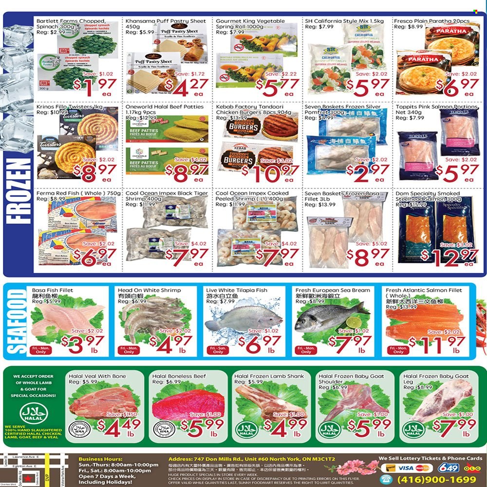 thumbnail - Sunny Foodmart Flyer - February 03, 2023 - February 09, 2023 - Sales products - spinach, fish fillets, salmon, salmon fillet, tilapia, seafood, fish, seabream, hamburger, puff pastry, lamb meat, lamb shank, whole lamb, basket. Page 4.