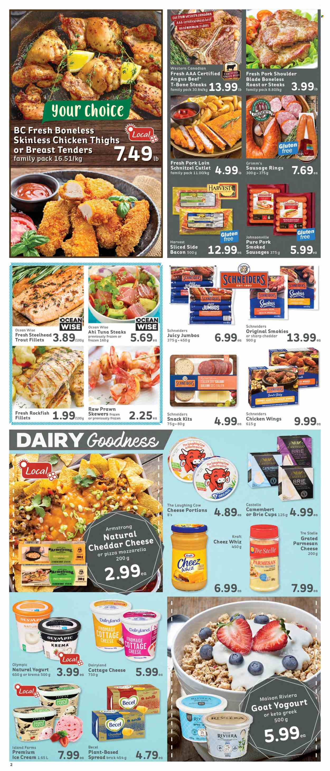 thumbnail - IGA Simple Goodness Flyer - February 03, 2023 - February 09, 2023 - Sales products - strawberries, rockfish, trout, tuna, prawns, pizza, schnitzel, Kraft®, bacon, salami, Johnsonville, bratwurst, sausage, cottage cheese, cheddar, parmesan, brie, The Laughing Cow, yoghurt, ice cream, chicken wings, snack, honey, chicken thighs, chicken, beef meat, t-bone steak, pork loin, pork meat, pork shoulder, camembert, steak. Page 2.