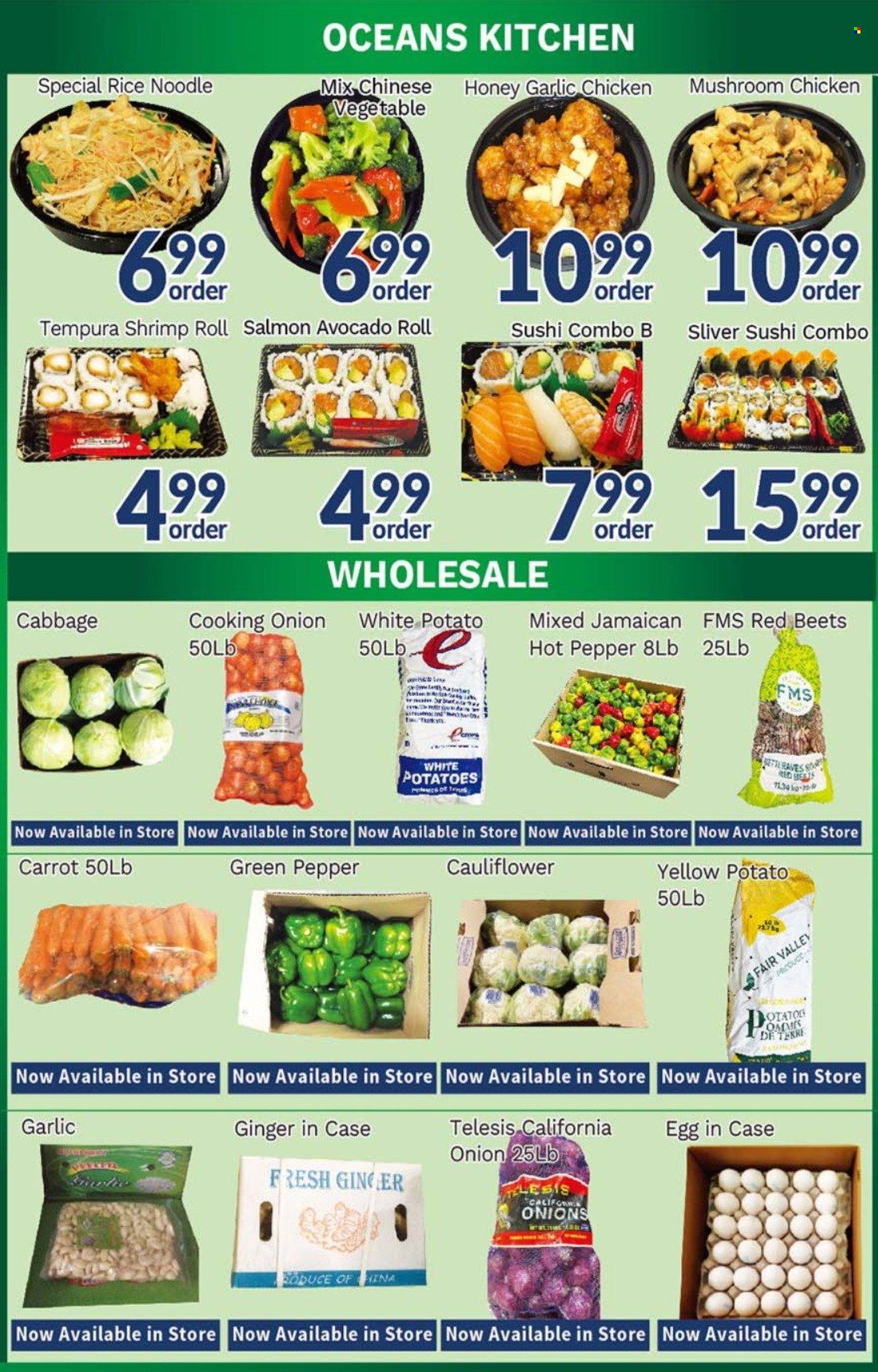 thumbnail - Oceans Flyer - February 03, 2023 - February 09, 2023 - Sales products - mushrooms, cabbage, cauliflower, garlic, potatoes, onion, green pepper, avocado, shrimps, noodles, eggs, rice, honey. Page 4.