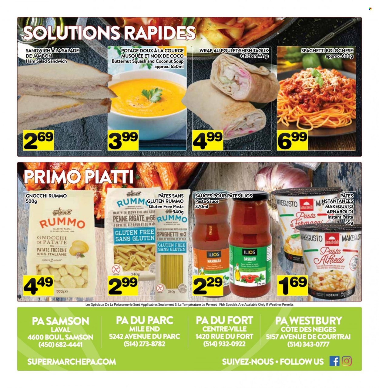 thumbnail - PA Supermarché Flyer - February 06, 2023 - February 12, 2023 - Sales products - butternut squash, salad, coconut, fish, spaghetti, pasta sauce, sandwich, soup, chicken wrap, ham, brown rice, rice, penne, gnocchi. Page 6.