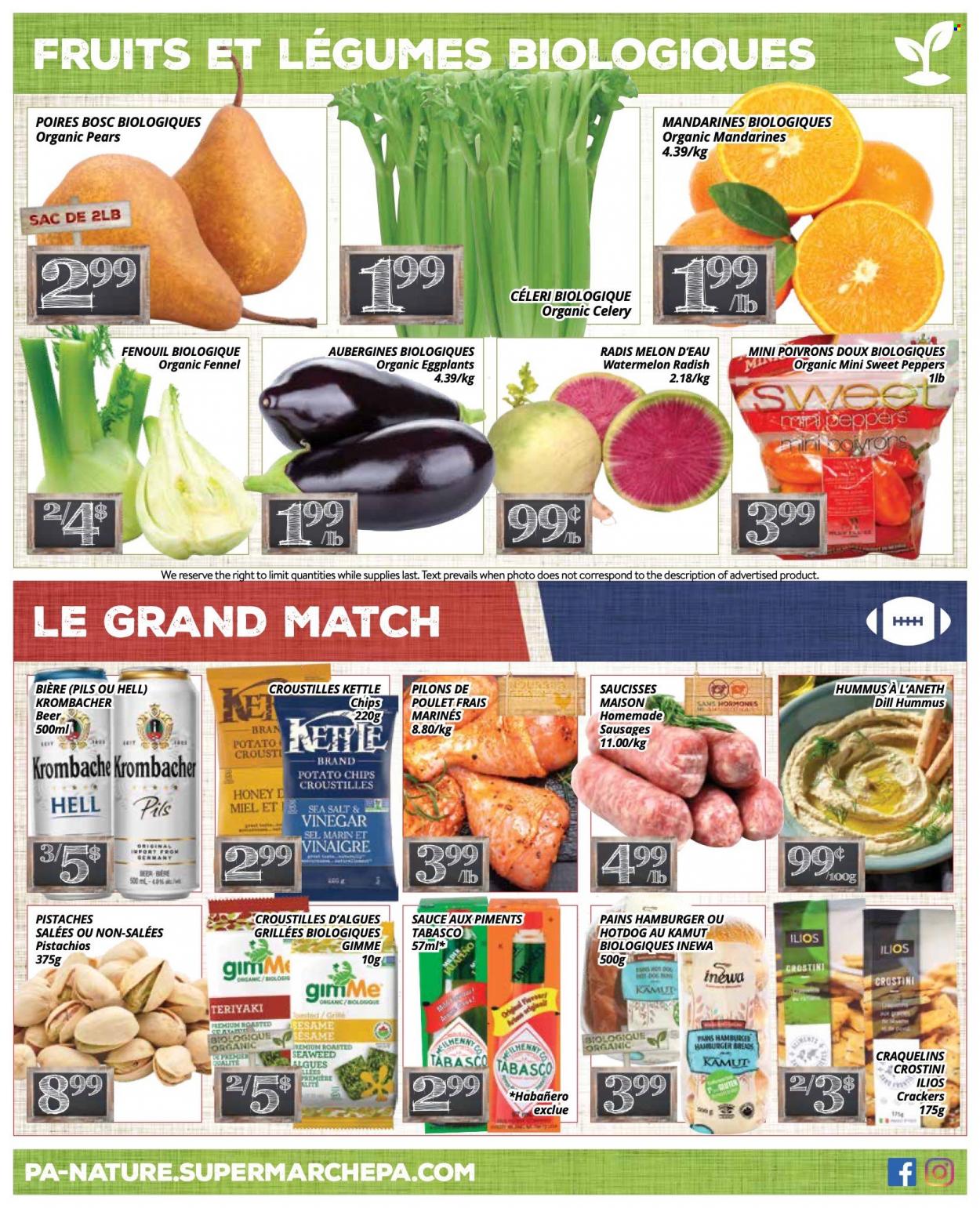 thumbnail - PA Nature Flyer - February 06, 2023 - February 19, 2023 - Sales products - hot dog rolls, celery, radishes, sweet peppers, peppers, eggplant, mandarines, watermelon, pears, melons, hot dog, hamburger, sauce, sausage, hummus, crackers, potato chips, chips, tabasco, seaweed, dill, fennel, honey, pistachios, beer. Page 4.