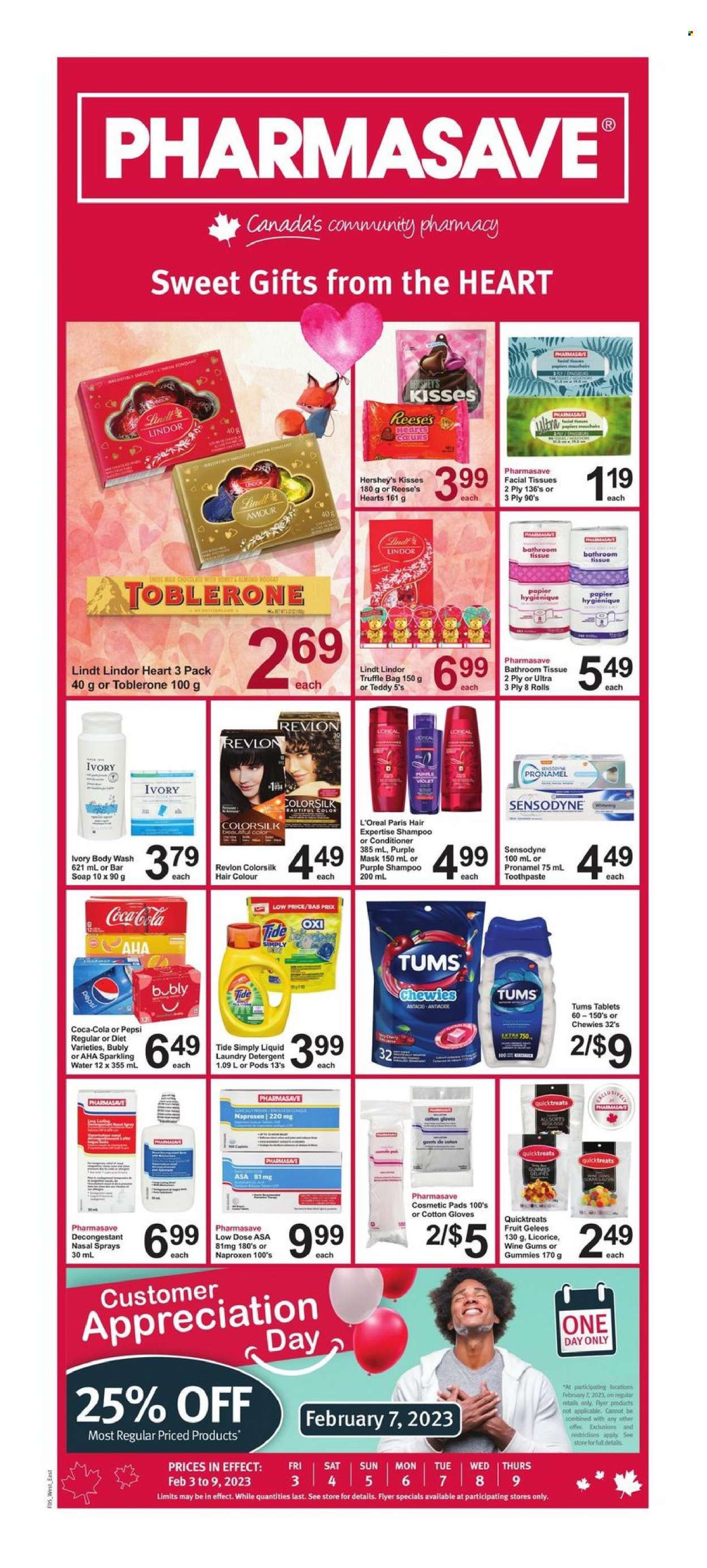 thumbnail - Pharmasave Flyer - February 03, 2023 - February 09, 2023 - Sales products - cherries, Reese's, Hershey's, chocolate, truffles, Toblerone, Coca-Cola, Pepsi, sparkling water, bath tissue, Tide, laundry detergent, body wash, soap bar, soap, toothpaste, facial tissues, L’Oréal, conditioner, Revlon, hair color, bag, gloves, teddy, Low Dose, detergent, shampoo, Sensodyne, Lindt, Lindor, nougat. Page 1.