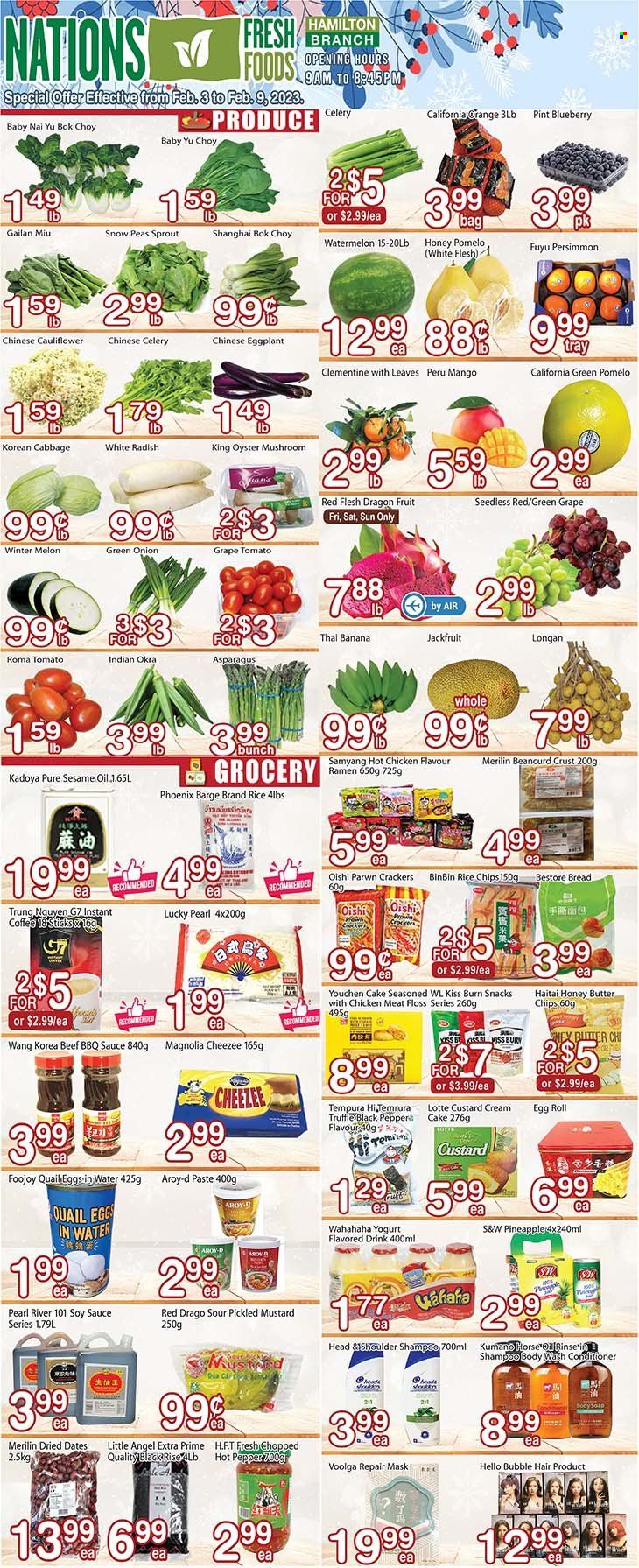 thumbnail - Nations Fresh Foods Flyer - February 03, 2023 - February 09, 2023 - Sales products - oyster mushrooms, mushrooms, bread, cake, asparagus, bok choy, cabbage, celery, radishes, tomatoes, peas, okra, onion, peppers, eggplant, white radish, green onion, mango, watermelon, pineapple, persimmons, oranges, melons, pomelo, dragon fruit, oysters, ramen, sauce, egg rolls, custard, yoghurt, Ola, snow peas, truffles, crackers, chips, BBQ sauce, mustard, soy sauce, sesame oil, honey, dried dates, coffee, instant coffee, quail, chicken, body wash, soap, conditioner, shampoo. Page 1.