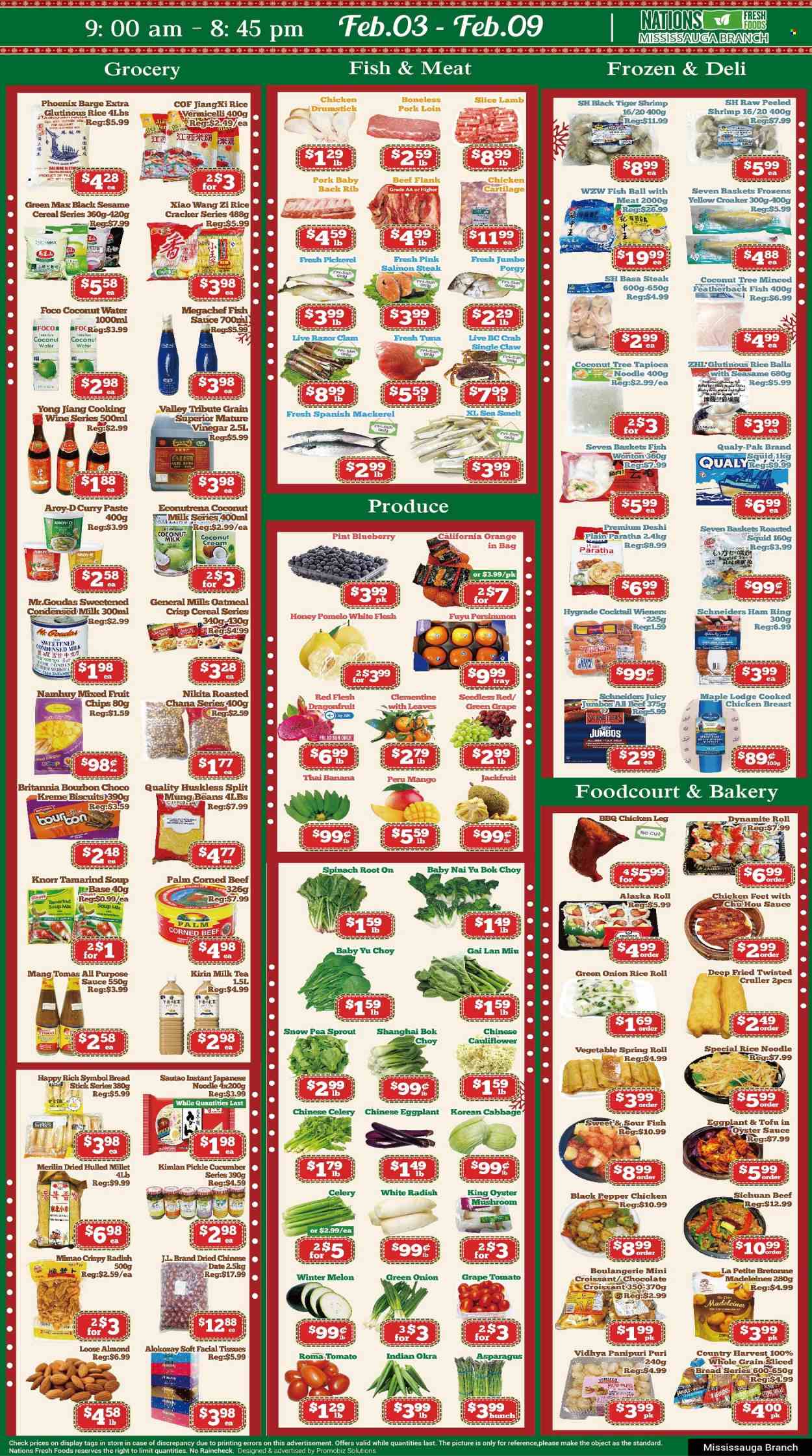 thumbnail - Nations Fresh Foods Flyer - February 03, 2023 - February 09, 2023 - Sales products - oyster mushrooms, mushrooms, bread, croissant, asparagus, beans, bok choy, cabbage, radishes, tomatoes, okra, eggplant, white radish, green onion, mango, persimmons, oranges, melons, pomelo, clams, mackerel, squid, tuna, oysters, crab, walleye, soup mix, soup, sauce, noodles, ham, corned beef, tofu, condensed milk, Country Harvest, rice balls, chocolate, crackers, biscuit, rice crackers, oatmeal, tamarind, coconut milk, cereals, rice vermicelli, black pepper, curry paste, fish sauce, oyster sauce, honey, tea, cooking wine, bourbon, chicken breasts, chicken legs, chicken paws, chicken, beef meat, pork loin, pork meat, pork ribs, pork back ribs, tissues, facial tissues, body lotion, steak, Knorr. Page 1.