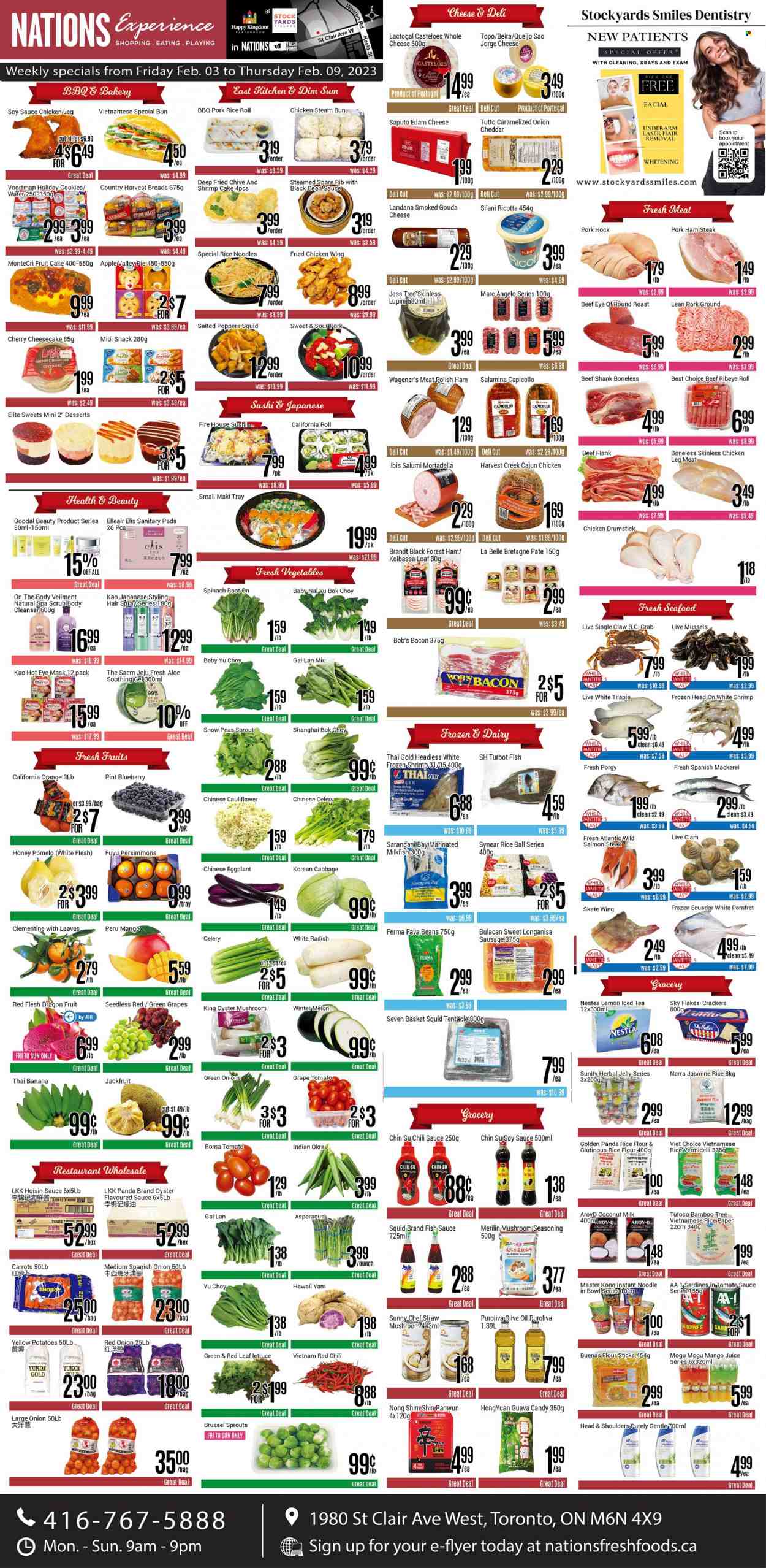 thumbnail - Nations Fresh Foods Flyer - February 03, 2023 - February 09, 2023 - Sales products - oyster mushrooms, cake, pie, cheesecake, asparagus, beans, bok choy, cabbage, carrots, celery, fava beans, radishes, tomatoes, potatoes, peas, okra, lettuce, peppers, eggplant, brussel sprouts, white radish, green onion, guava, mango, persimmons, oranges, melons, pomelo, dragon fruit, clams, mackerel, mussels, salmon, sardines, squid, tilapia, oysters, turbot, seafood, crab, fish, shrimps, milkfish, sauce, fried chicken, noodles, bacon, mortadella, ham, sausage, ham steaks, edam cheese, gouda, cheddar, snow peas, Country Harvest, cookies, wafers, snack, jelly, crackers, flour, rice flour, coconut milk, jasmine rice, rice vermicelli, spice, fish sauce, soy sauce, hoisin sauce, chilli sauce, olive oil, oil, honey, juice, ice tea, chicken legs, beef meat, beef shank, eye of round, round roast, pork hock, pork meat, cleanser, Head & Shoulders, polish, ricotta, steak. Page 1.