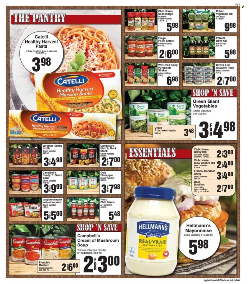thumbnail - AG Foods Flyer - February 03, 2023 - February 09, 2023 - Sales products - artichoke, Dole, tuna, Campbell's, mushroom soup, spaghetti, pasta sauce, macaroni, soup, instant noodles, noodles, Harvest Pasta, parmesan, Clover, mayonnaise, Hellmann’s, bouillon, Crisco, broth, egg noodles, gravy mix, mustard, olive oil, oil, Heinz. Page 9.