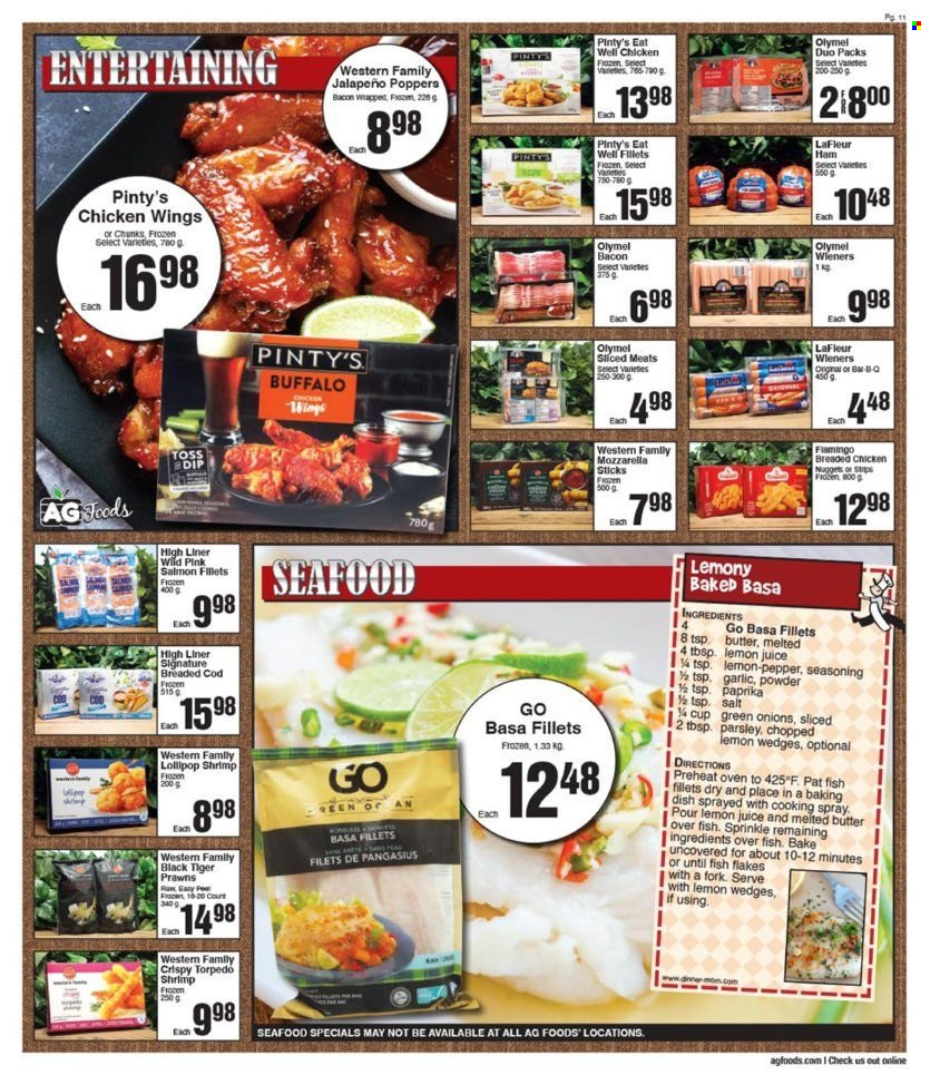 thumbnail - AG Foods Flyer - February 03, 2023 - February 09, 2023 - Sales products - garlic, parsley, jalapeño, cod, fish fillets, salmon, salmon fillet, pangasius, seafood, prawns, fish, shrimps, nuggets, fried chicken, chicken nuggets, bacon, ham, chicken wings, lollipop, pepper, spice, lemon juice, mozzarella. Page 11.