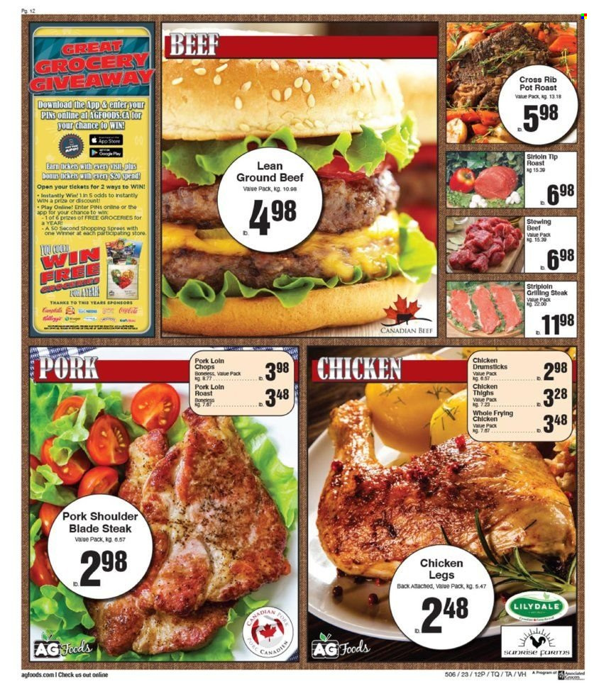 thumbnail - AG Foods Flyer - February 03, 2023 - February 09, 2023 - Sales products - Kellogg's, chicken legs, chicken thighs, chicken drumsticks, chicken, beef meat, ground beef, pork chops, pork loin, pork meat, pork shoulder, steak. Page 12.