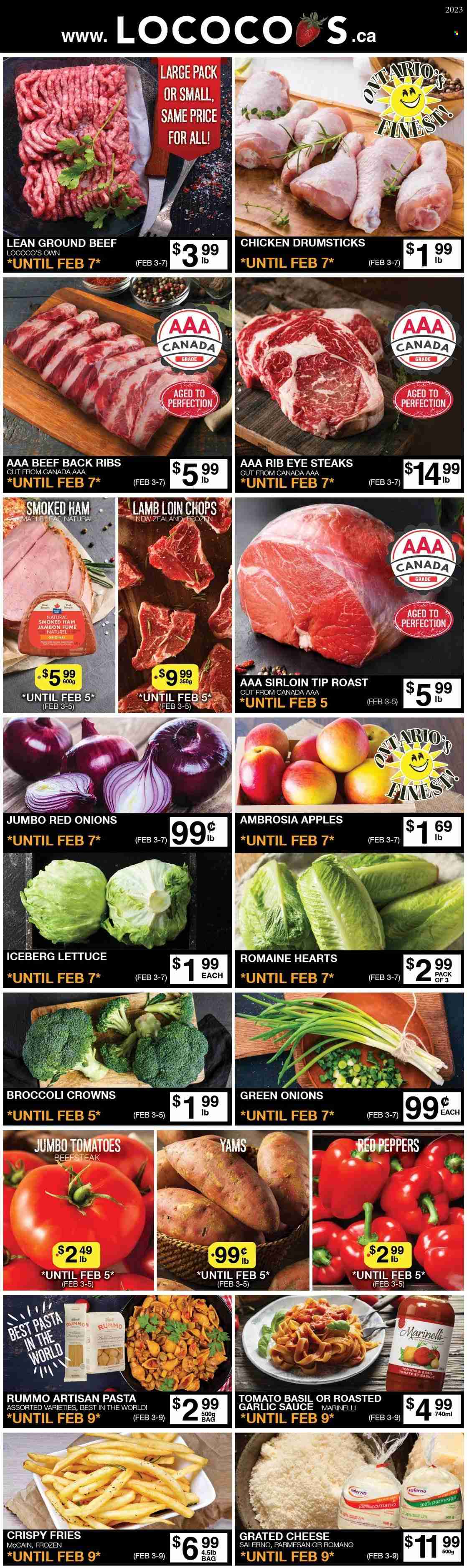 thumbnail - Lococo's Flyer - February 03, 2023 - February 07, 2023 - Sales products - red onions, tomatoes, lettuce, peppers, green onion, red peppers, apples, chicken drumsticks, chicken, beef meat, ground beef, ribs, lamb loin, lamb meat, pasta, sauce, ham, smoked ham, McCain, potato fries, steak. Page 1.