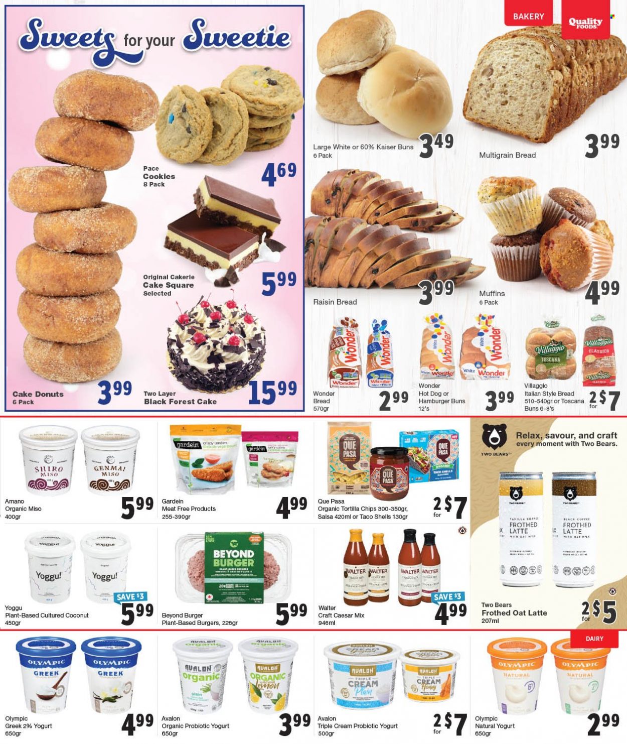 thumbnail - Quality Foods Flyer - February 06, 2023 - February 12, 2023 - Sales products - bread, multigrain bread, cake, buns, burger buns, donut, muffin, coconut, hot dog, yoghurt, probiotic yoghurt, milk, cookies, tortilla chips, chips, oats, miso, salsa, Classico, honey, coffee. Page 6.