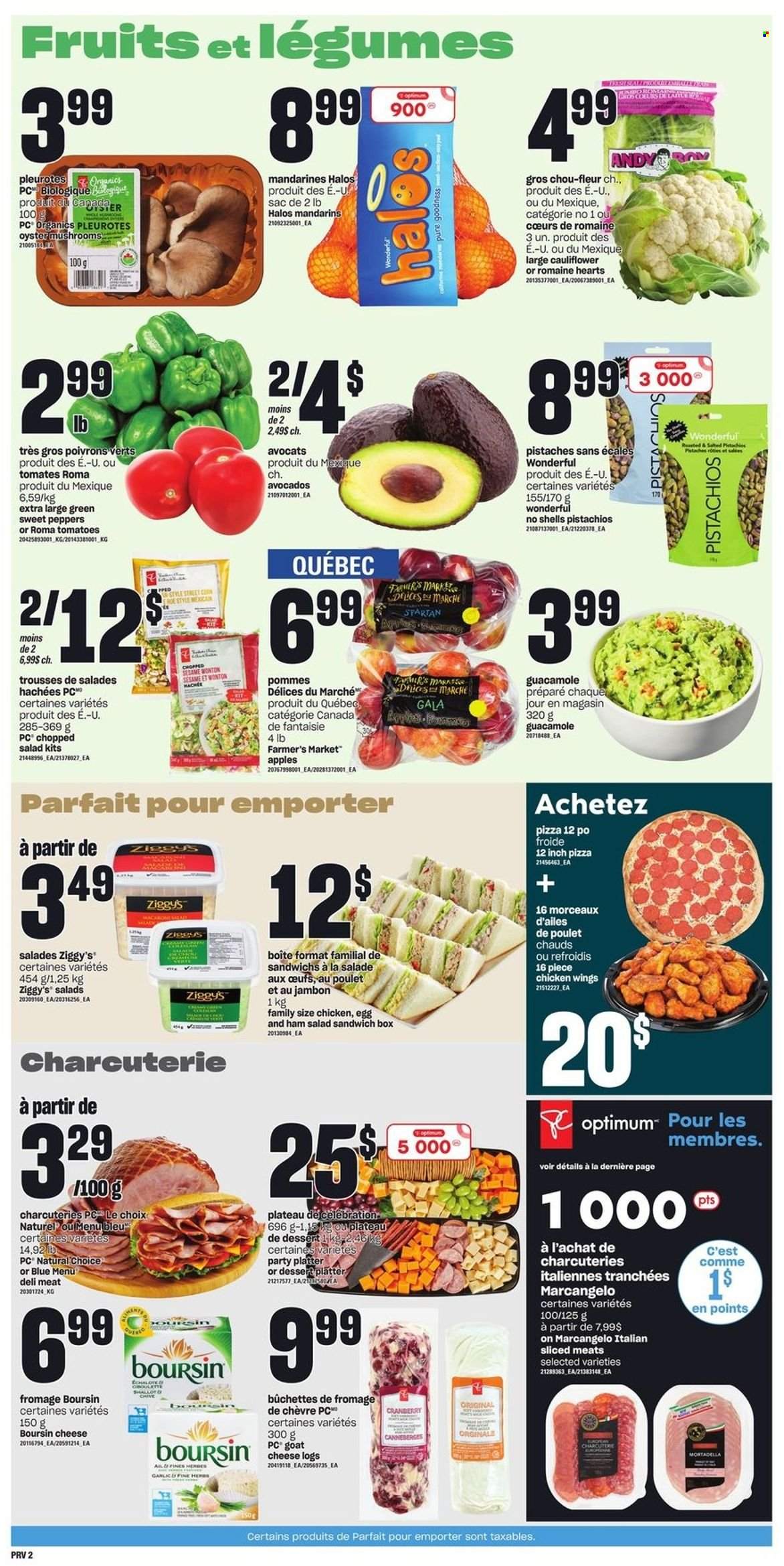 thumbnail - Provigo Flyer - February 09, 2023 - February 15, 2023 - Sales products - oyster mushrooms, garlic, sweet peppers, salad, peppers, chopped salad, apples, Gala, mandarines, oysters, pizza, sandwich, mortadella, ham, guacamole, chicken wings, Celebration, pistachios, Optimum. Page 4.