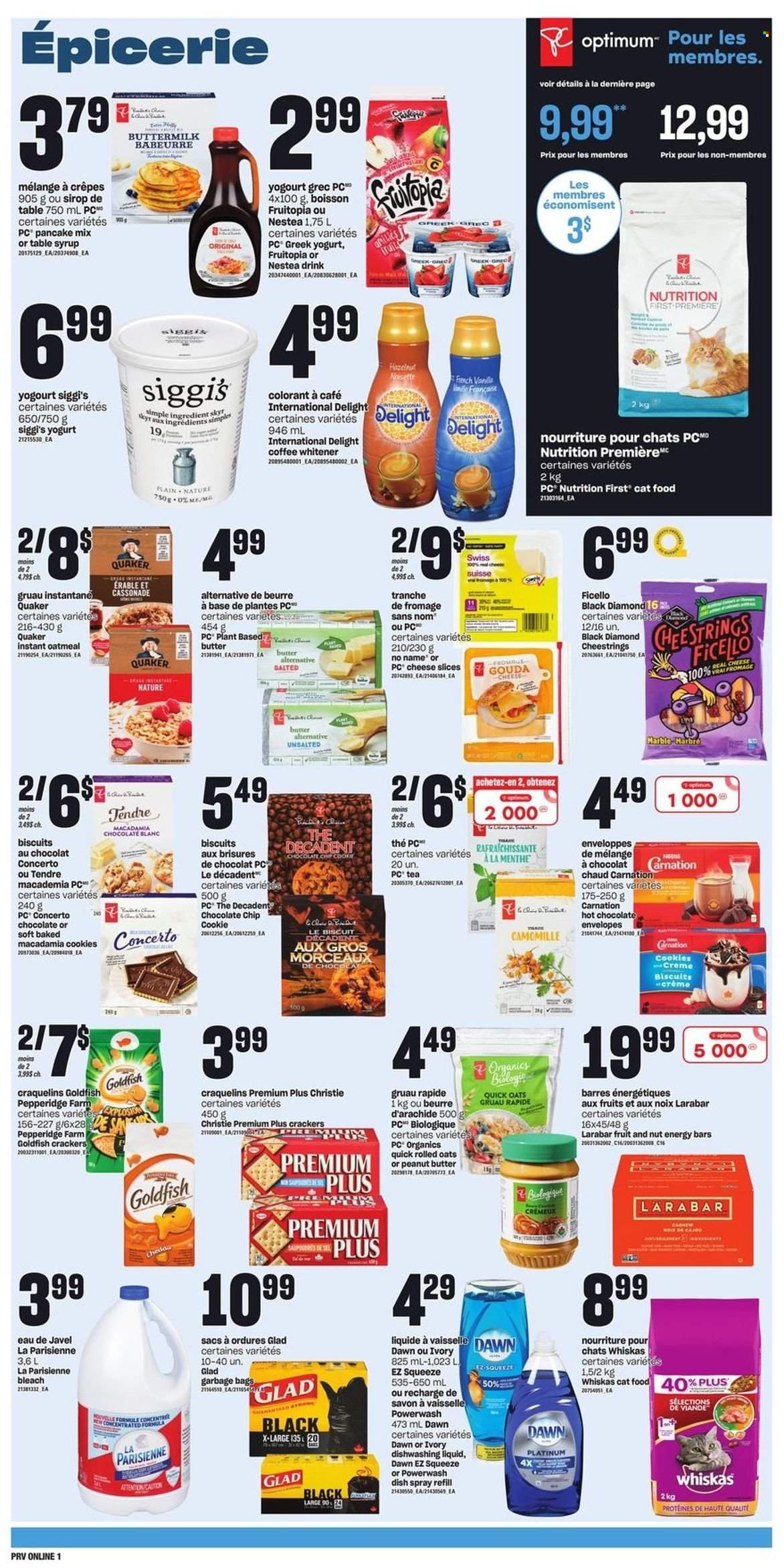 thumbnail - Provigo Flyer - February 09, 2023 - February 15, 2023 - Sales products - No Name, pancakes, Quaker, gouda, sliced cheese, string cheese, greek yoghurt, yoghurt, buttermilk, cookies, crackers, biscuit, Goldfish, oatmeal, oats, rolled oats, energy bar, Quick Oats, syrup, hot chocolate, tea, bleach, dishwashing liquid, bag, animal food, cat food, Optimum, Whiskas. Page 10.
