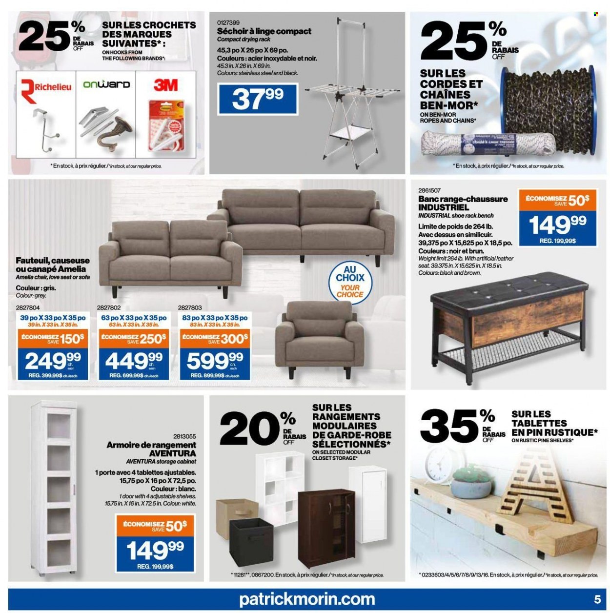 thumbnail - Patrick Morin Flyer - February 09, 2023 - February 22, 2023 - Sales products - drying rack, pin, cabinet, chair, bench, sofa, shelves, closet system, shoe rack, door, tool cabinets. Page 5.