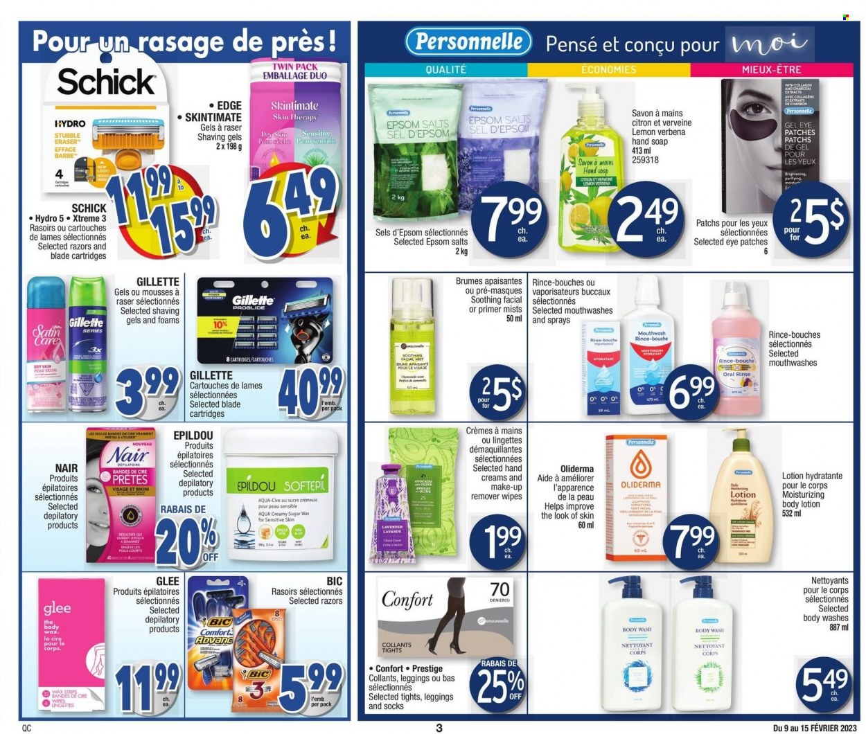 thumbnail - Jean Coutu Flyer - February 09, 2023 - February 15, 2023 - Sales products - sugar, wipes, body wash, hand soap, soap, mouthwash, Gillette, body lotion, hand cream, BIC, Schick, wax strips, makeup, eraser, leggings, socks, tights, bikini. Page 3.