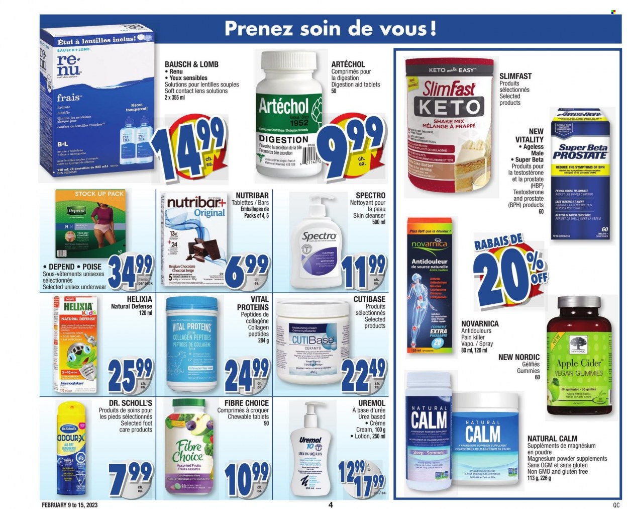 thumbnail - Jean Coutu Flyer - February 09, 2023 - February 15, 2023 - Sales products - cake, Slimfast, cleanser, moisturing cream, body lotion, foot care, deco strips, Dr. Scholl's, magnesium, Vital Proteins. Page 4.