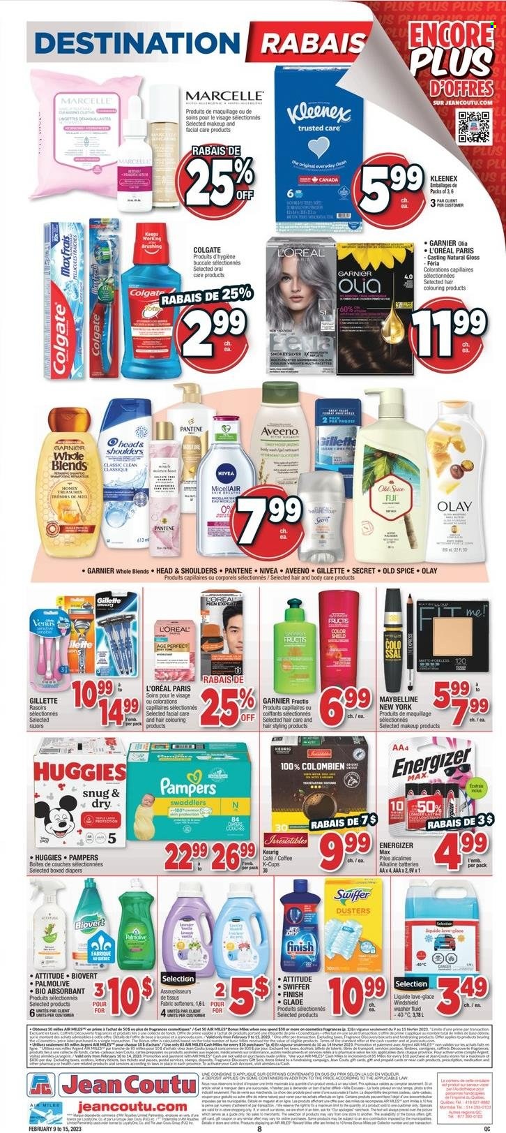 thumbnail - Jean Coutu Flyer - February 09, 2023 - February 15, 2023 - Sales products - spice, honey, coffee, coffee capsules, K-Cups, Keurig, Pampers, nappies, Aveeno, Nivea, Kleenex, Swiffer, Palmolive, Gillette, L’Oréal, Olay, Head & Shoulders, Pantene, Fructis, fragrance, Venus, makeup, Maybelline, plate, Glade, battery, alkaline batteries, Energizer, Colgate, Garnier, shampoo, Huggies, Old Spice. Page 10.