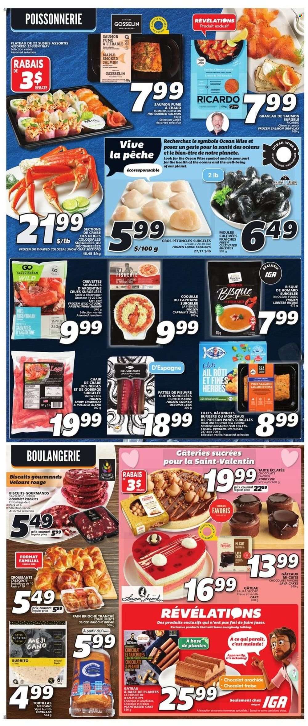 thumbnail - IGA Flyer - February 09, 2023 - February 15, 2023 - Sales products - bread, tortillas, cake, pie, croissant, brioche, crab meat, fish fillets, mussels, salmon, scallops, smoked salmon, pollock, octopus, crab, fish, hamburger, burrito, breaded fish, cookies, chocolate, biscuit, rosé wine. Page 5.