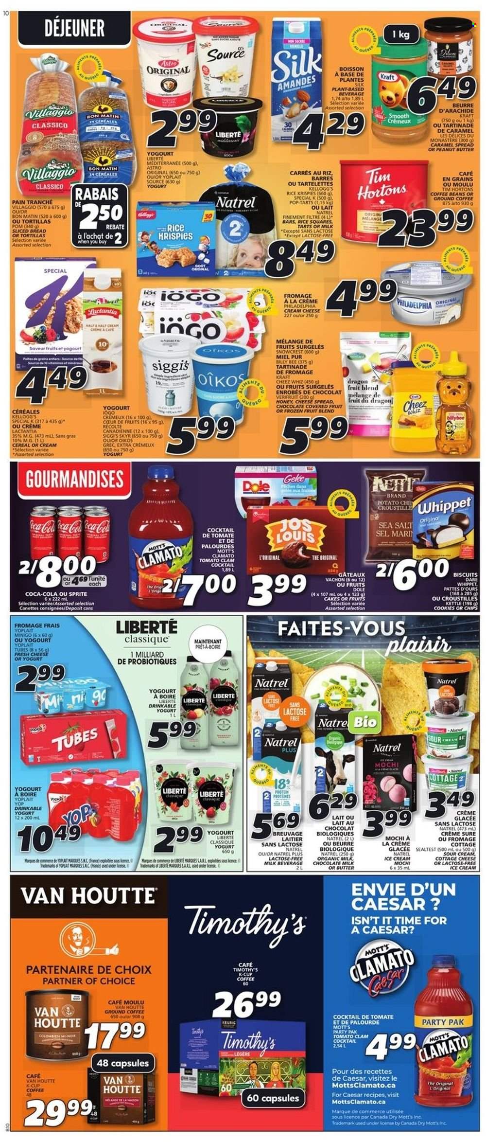 thumbnail - IGA Flyer - February 09, 2023 - February 15, 2023 - Sales products - bread, tortillas, cake, Dole, dragon fruit, Mott's, clams, Kraft®, cheese spread, cottage cheese, cream cheese, yoghurt, Oikos, Yoplait, organic milk, Silk, sour cream, ice cream, frozen smoothie, cookies, milk chocolate, Kellogg's, biscuit, Pop-Tarts, cereals, Rice Krispies, caramel, Classico, honey, Canada Dry, Coca-Cola, Sprite, Clamato, coffee, coffee beans, ground coffee, coffee capsules, K-Cups, Keurig, Half and half, Philadelphia. Page 7.