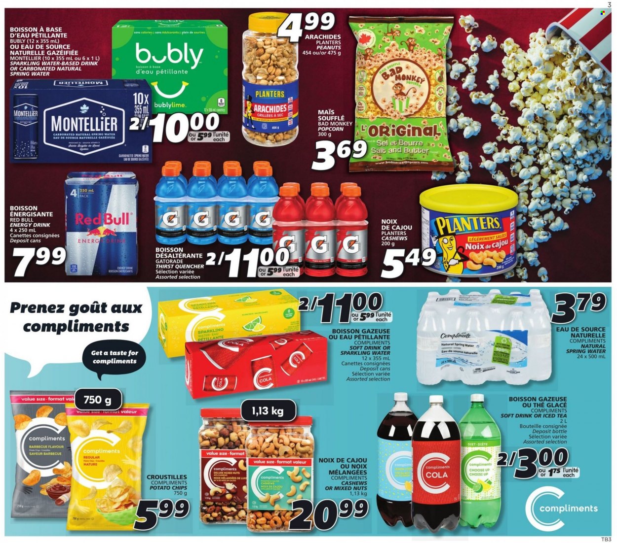 thumbnail - IGA Flyer - February 09, 2023 - February 15, 2023 - Sales products - potato chips, chips, popcorn, cashews, peanuts, mixed nuts, Planters, energy drink, ice tea, soft drink, Red Bull, Gatorade, spring water, sparkling water. Page 11.
