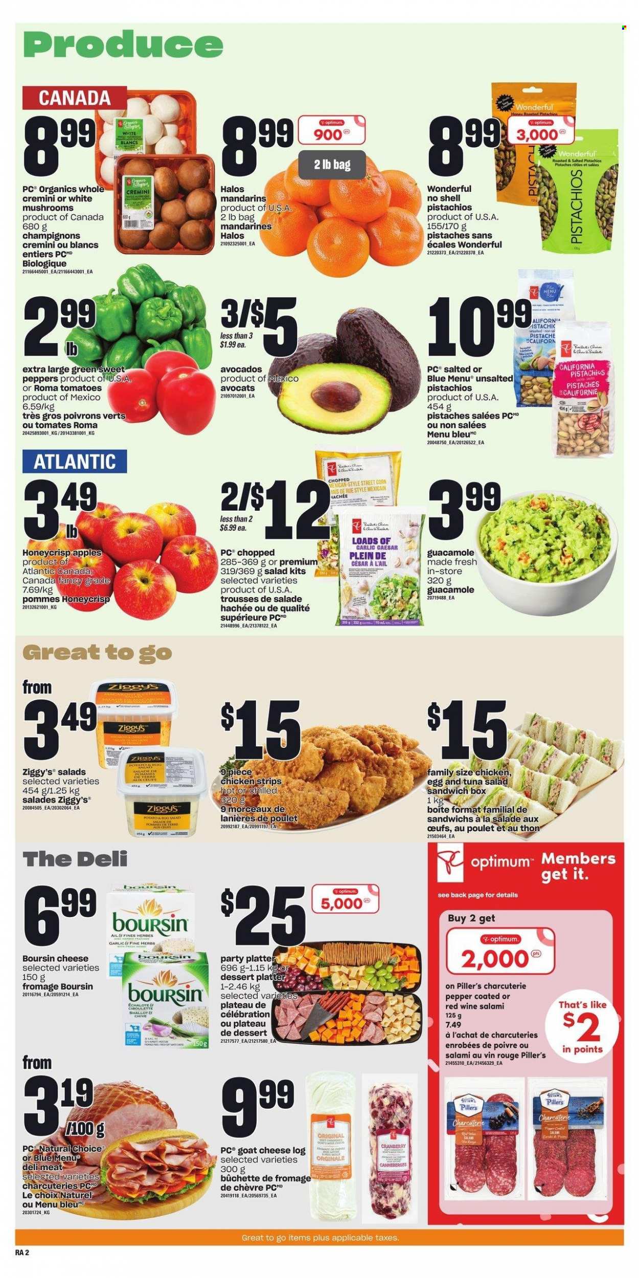 thumbnail - Atlantic Superstore Flyer - February 09, 2023 - February 15, 2023 - Sales products - mushrooms, garlic, sweet peppers, tomatoes, salad, peppers, apples, mandarines, sandwich, salami, guacamole, tuna salad sandwich, goat cheese, cheese, strips, chicken strips, Celebration, pepper, pistachios, red wine, wine, Optimum. Page 3.