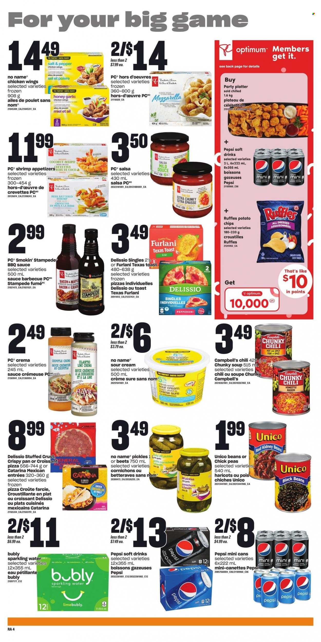 thumbnail - Atlantic Superstore Flyer - February 09, 2023 - February 15, 2023 - Sales products - croissant, beans, peas, shrimps, No Name, Campbell's, pizza, soup, sauce, bacon, pepperoni, sour cream, chicken wings, cheese sticks, Celebration, potato chips, Ruffles, sugar, black beans, kidney beans, pickles, cilantro, dill, BBQ sauce, salsa, honey, Pepsi, soft drink, sparkling water, beer, Sure, Optimum. Page 5.