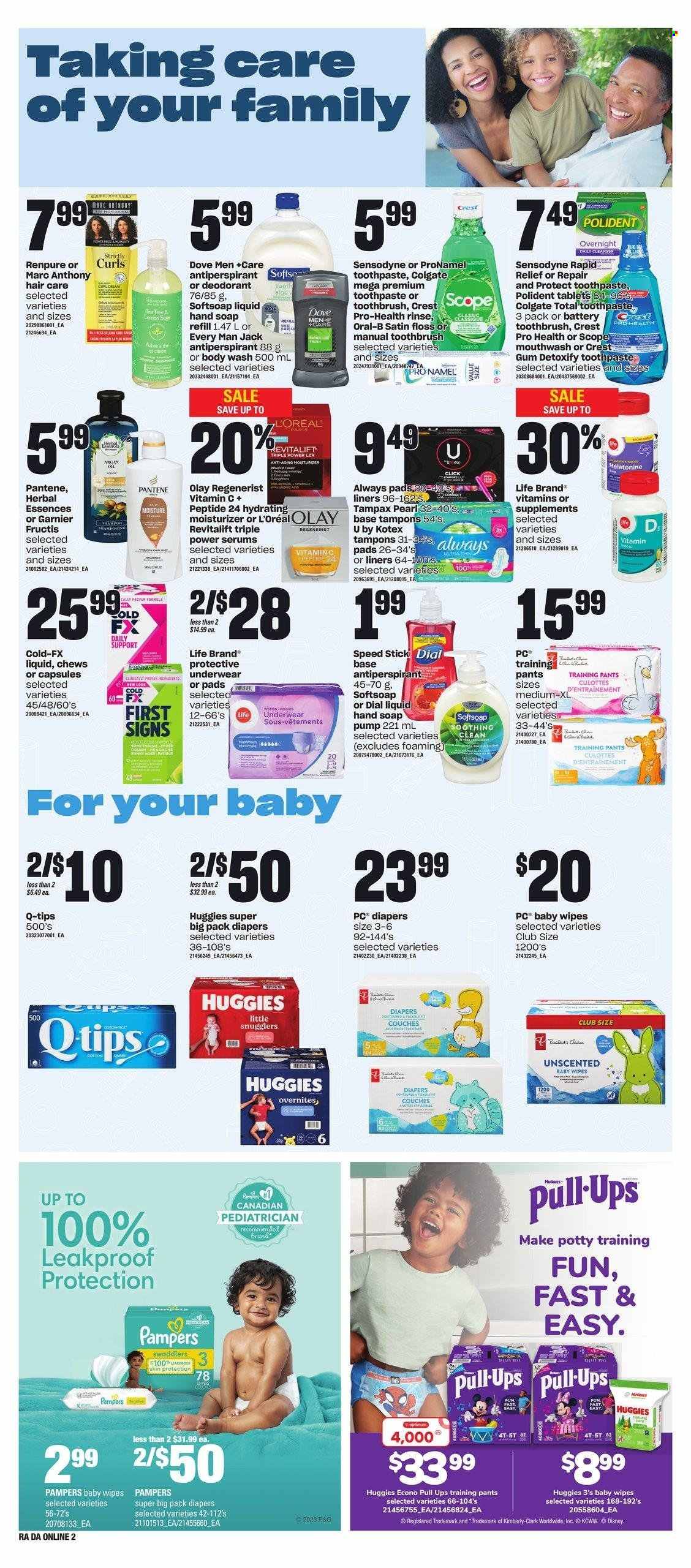 thumbnail - Atlantic Superstore Flyer - February 09, 2023 - February 15, 2023 - Sales products - Disney, Dove, chewing gum, tea, wipes, Pampers, pants, baby wipes, nappies, baby pants, body wash, Softsoap, hand soap, Dial, soap, toothbrush, toothpaste, mouthwash, Polident, Crest, Always pads, Kotex, tampons, L’Oréal, moisturizer, Olay, Pantene, Herbal Essences, Fructis, anti-perspirant, Speed Stick, tea tree, vitamin c, Colgate, Garnier, Tampax, Huggies, Oral-B, Sensodyne, deodorant. Page 8.