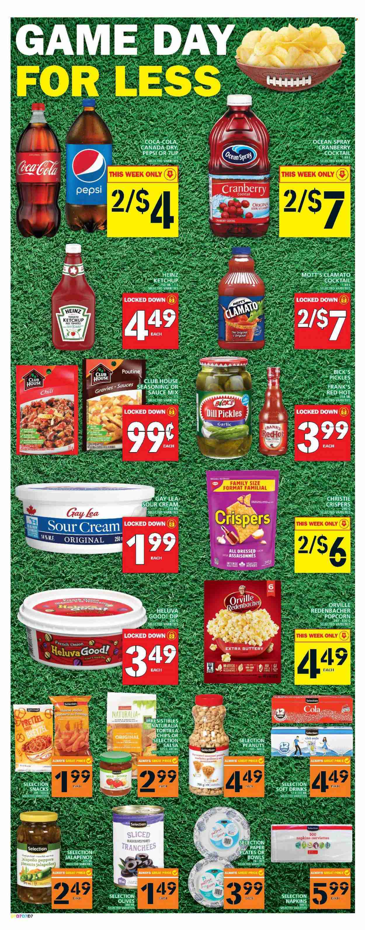 thumbnail - Food Basics Flyer - February 09, 2023 - February 15, 2023 - Sales products - pretzels, garlic, onion, jalapeño, Mott's, perch, sour cream, dip, snack, tortilla chips, chips, popcorn, pickles, dill, spice, salsa, peanuts, Canada Dry, Coca-Cola, Pepsi, Clamato, soft drink, 7UP, napkins, plate, paper, paper plate, Heinz, ketchup, olives. Page 8.
