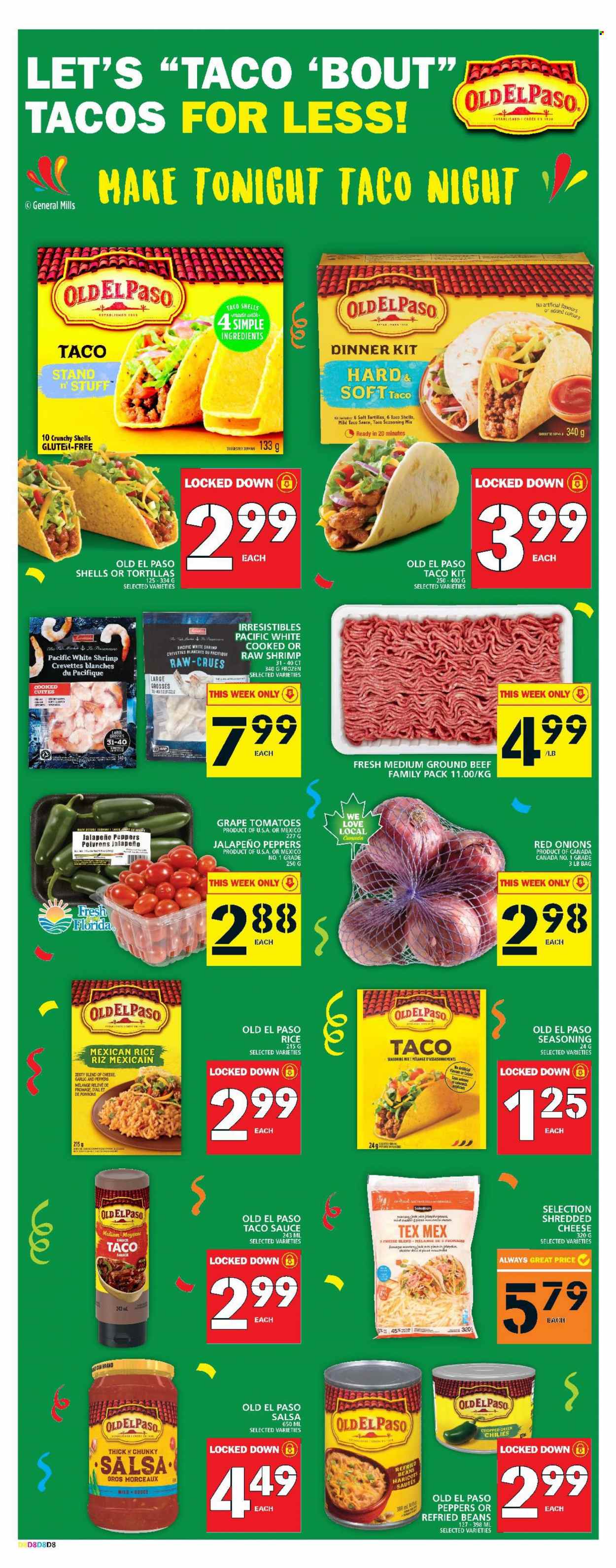 thumbnail - Food Basics Flyer - February 09, 2023 - February 15, 2023 - Sales products - tortillas, Old El Paso, tacos, garlic, red onions, tomatoes, onion, jalapeño, shrimps, dinner kit, shredded cheese, refried beans, rice, spice, taco sauce, salsa, beef meat, ground beef, pin. Page 9.