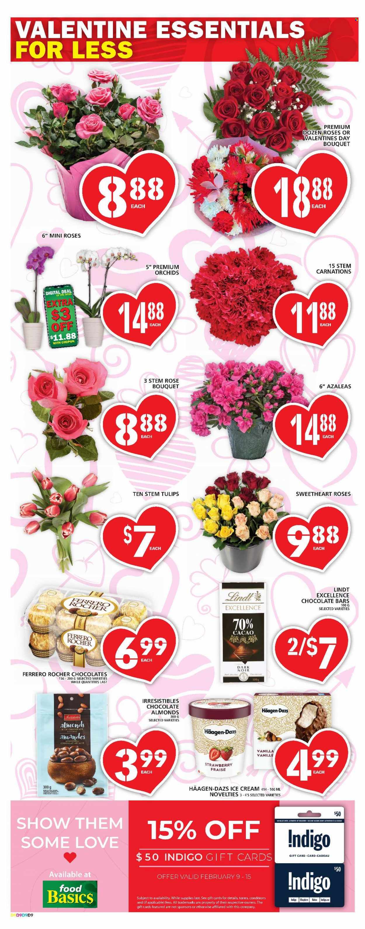 thumbnail - Food Basics Flyer - February 09, 2023 - February 15, 2023 - Sales products - ice cream, Häagen-Dazs, chocolate bar, wine, rosé wine, tulip, bouquet, rose, Lindt, Ferrero Rocher. Page 10.