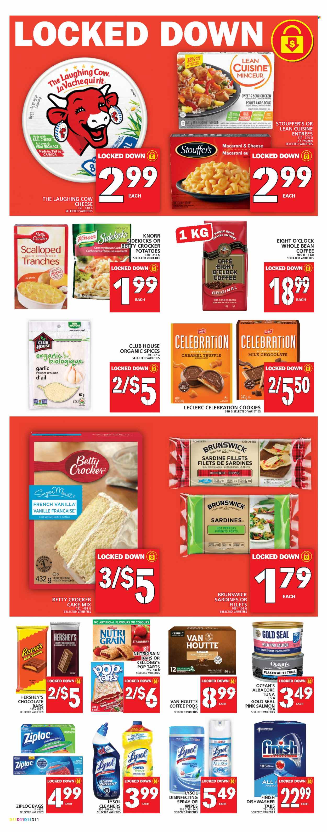 thumbnail - Food Basics Flyer - February 09, 2023 - February 15, 2023 - Sales products - cake mix, peppers, salmon, sardines, tuna, seafood, macaroni & cheese, sandwich, Lean Cuisine, bacon, The Laughing Cow, Reese's, Hershey's, Stouffer's, cookies, milk chocolate, snack, truffles, Celebration, Kellogg's, Pop-Tarts, Nutri-Grain bars, chocolate bar, Nutri-Grain, garlic powder, coffee, coffee pods, arabica beans, Eight O'Clock, wipes, Lysol, Ziploc, pin, Knorr. Page 12.