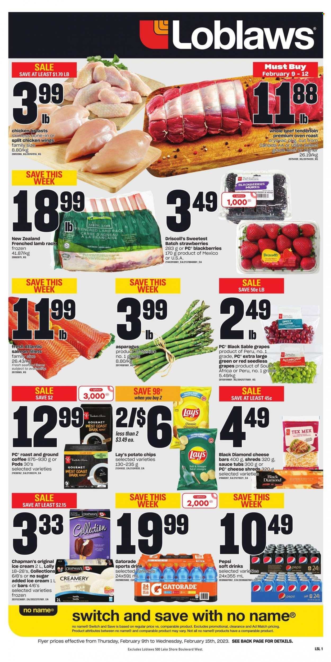 thumbnail - Loblaws Flyer - February 09, 2023 - February 15, 2023 - Sales products - asparagus, blackberries, grapes, seedless grapes, strawberries, salmon, salmon fillet, seafood, No Name, sauce, ice cream, chicken wings, Celebration, lollipop, potato chips, Lay’s, Pepsi, soft drink, Gatorade, coffee, ground coffee, chicken breasts, beef meat, beef tenderloin, Optimum. Page 1.