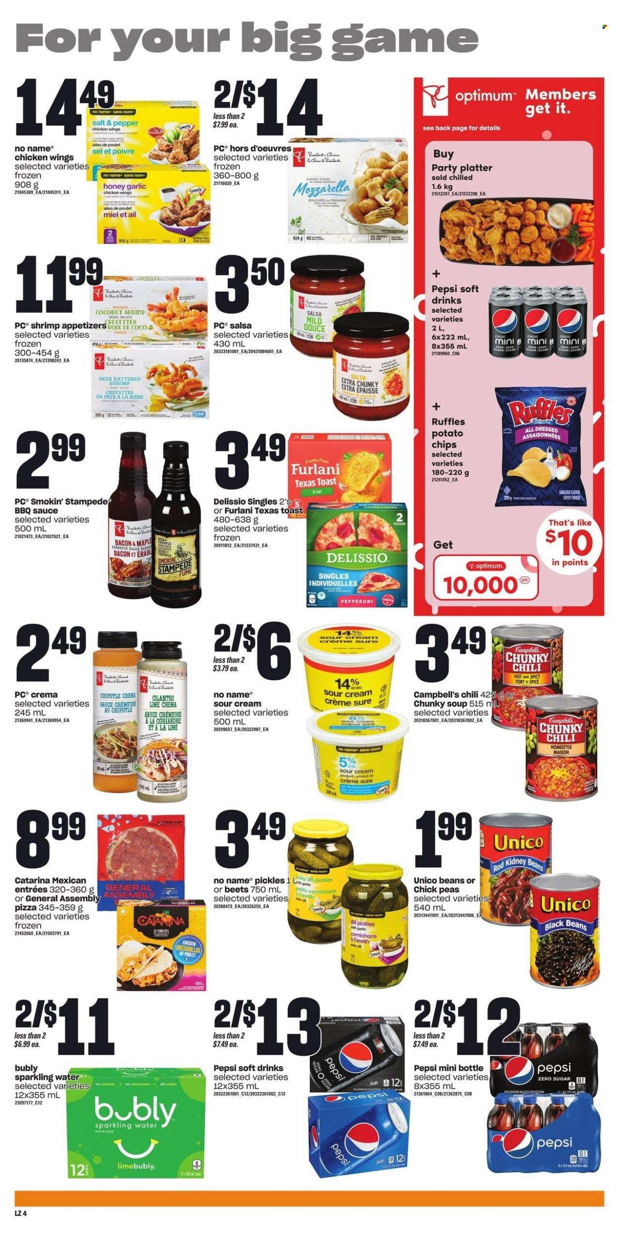 thumbnail - Loblaws Flyer - February 09, 2023 - February 15, 2023 - Sales products - beans, peas, shrimps, No Name, Campbell's, pizza, soup, sauce, bacon, pepperoni, sour cream, chicken wings, cheese sticks, potato chips, Ruffles, black beans, kidney beans, pickles, cilantro, dill, BBQ sauce, salsa, honey, Pepsi, soft drink, sparkling water, beer, Sure, Optimum. Page 6.