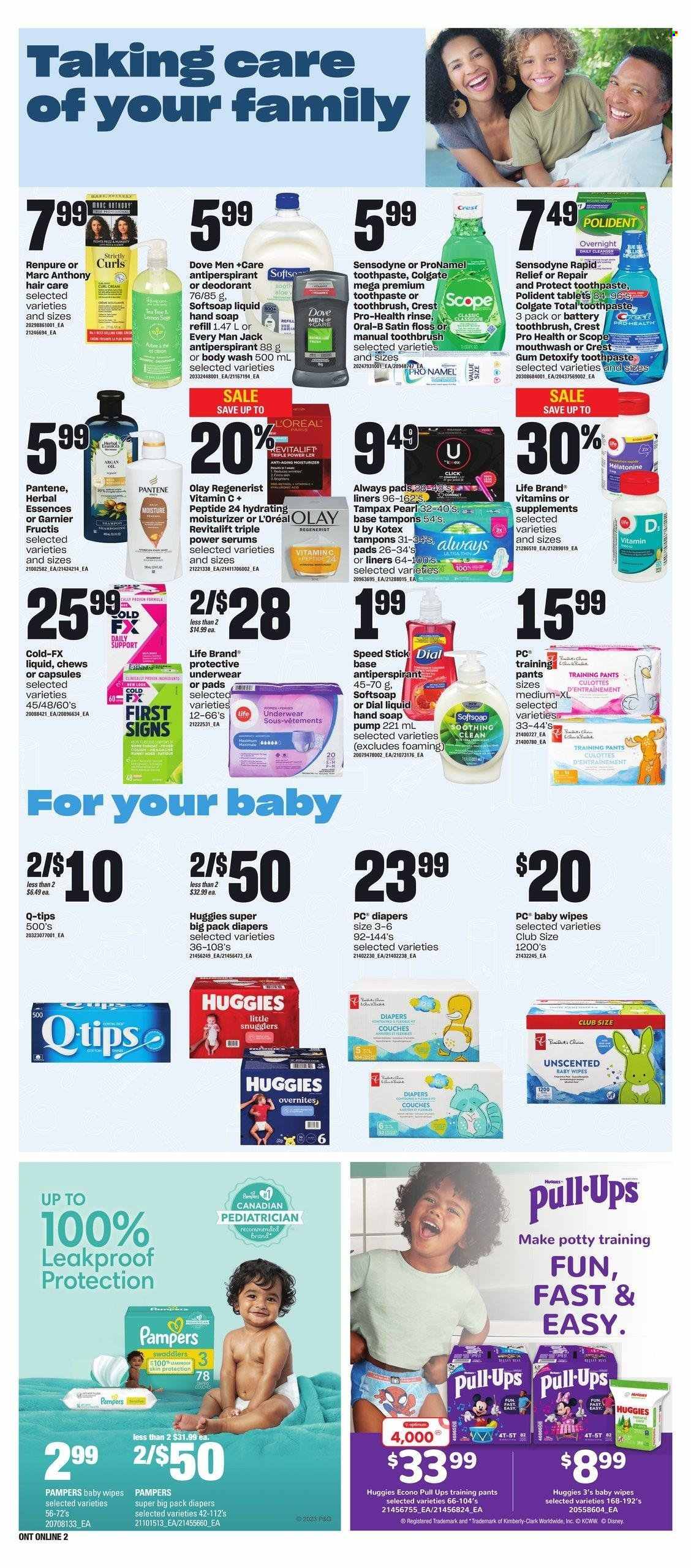 thumbnail - Loblaws Flyer - February 09, 2023 - February 15, 2023 - Sales products - Disney, Dove, chewing gum, fruit jam, tea, wipes, Pampers, pants, baby wipes, nappies, baby pants, body wash, Softsoap, hand soap, Dial, soap, toothbrush, toothpaste, mouthwash, Polident, Crest, Always pads, Kotex, tampons, L’Oréal, moisturizer, Olay, Pantene, Herbal Essences, Fructis, anti-perspirant, Speed Stick, tea tree, vitamin c, Colgate, Garnier, Tampax, Huggies, Oral-B, Sensodyne, deodorant. Page 9.