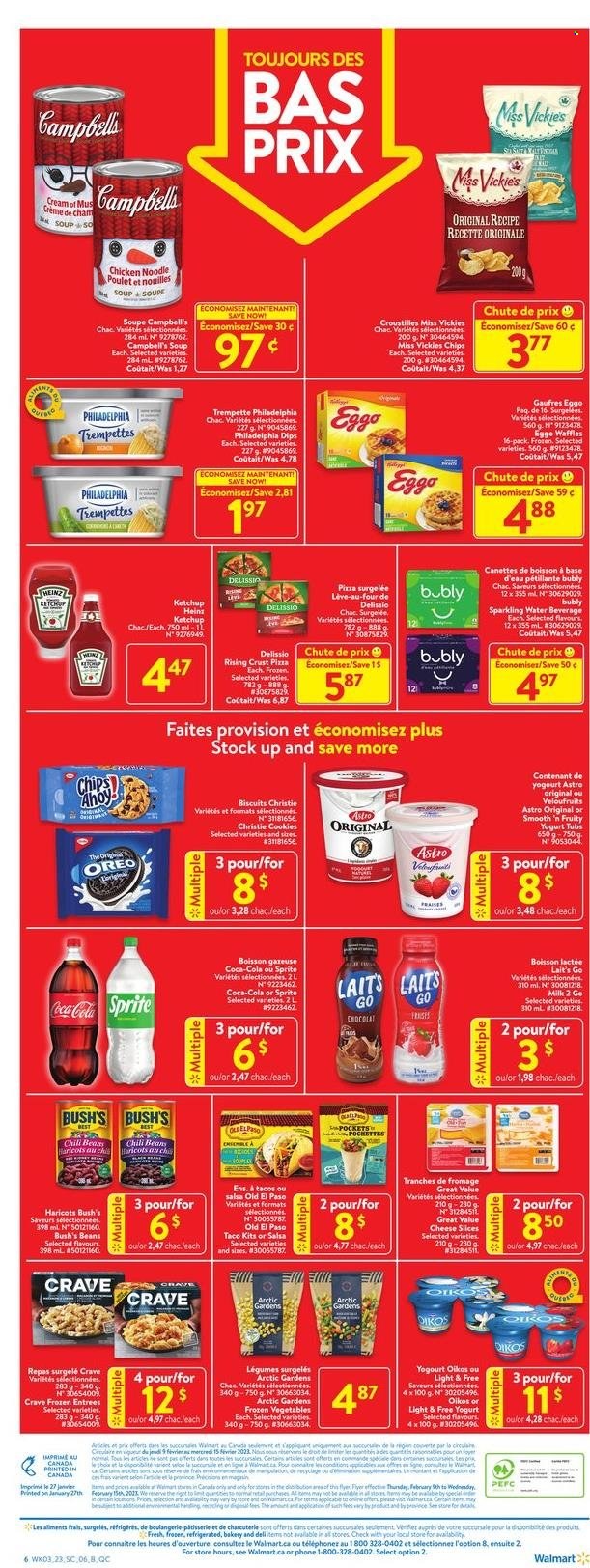 thumbnail - Walmart Flyer - February 09, 2023 - February 15, 2023 - Sales products - Old El Paso, tacos, waffles, beans, Campbell's, pizza, soup, noodles, sliced cheese, yoghurt, Oikos, milk, frozen vegetables, cookies, biscuit, chili beans, salsa, Coca-Cola, Sprite, sparkling water, Dell, Heinz, ketchup, Philadelphia, Oreo. Page 2.