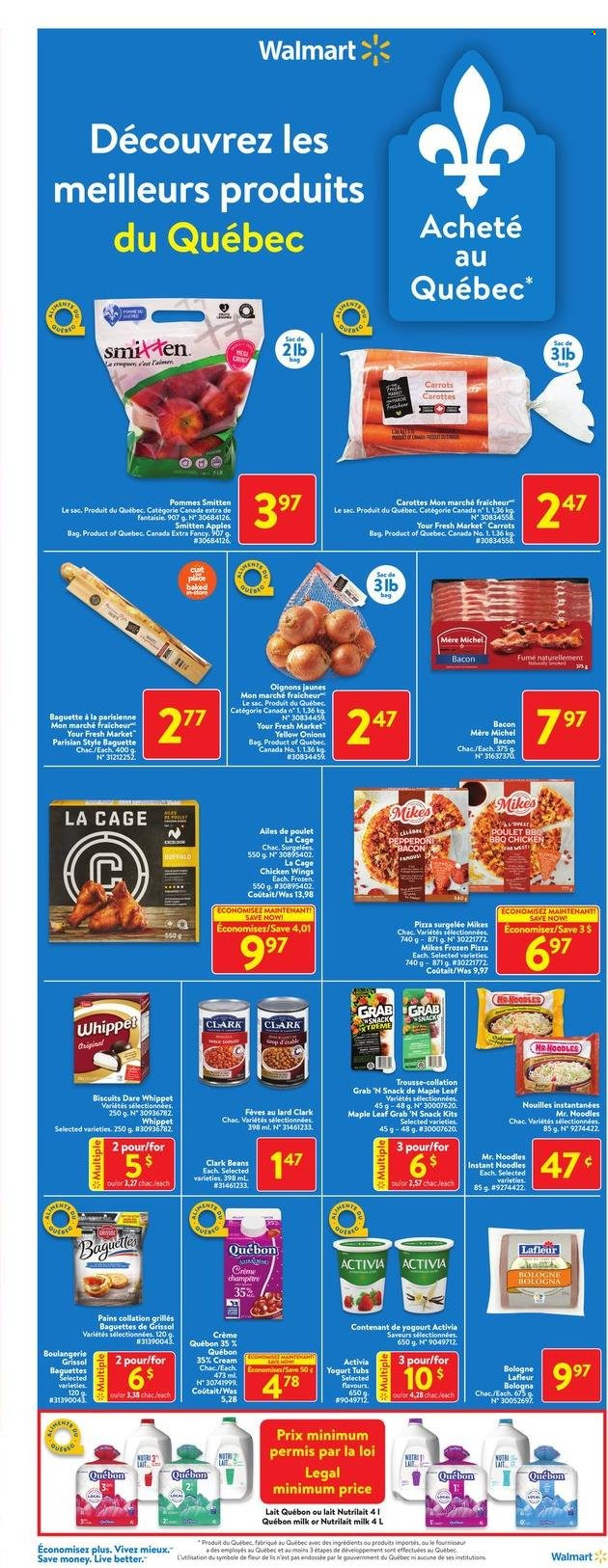 thumbnail - Walmart Flyer - February 09, 2023 - February 15, 2023 - Sales products - onion, apples, pizza, instant noodles, noodles, bacon, bologna sausage, pepperoni, yoghurt, Activia, milk, chicken wings, snack, biscuit, pin, cage, baguette, lard. Page 3.