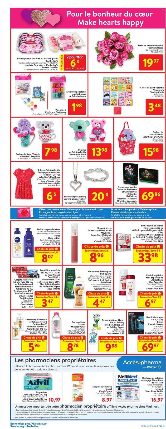 thumbnail - Walmart Flyer - February 09, 2023 - February 15, 2023 - Sales products - cupcake, Silk, cookies, biscuit, syrup, Nivea, body wash, Softsoap, toothpaste, L’Oréal, micellar water, Olay, conditioner, Pantene, body lotion, Schick, shaver, Maybelline, PREMIERE, dress, costume, robe, LEGO, succulent, rose, Advil Rapid, Braun, Colgate, Garnier, shampoo. Page 6.