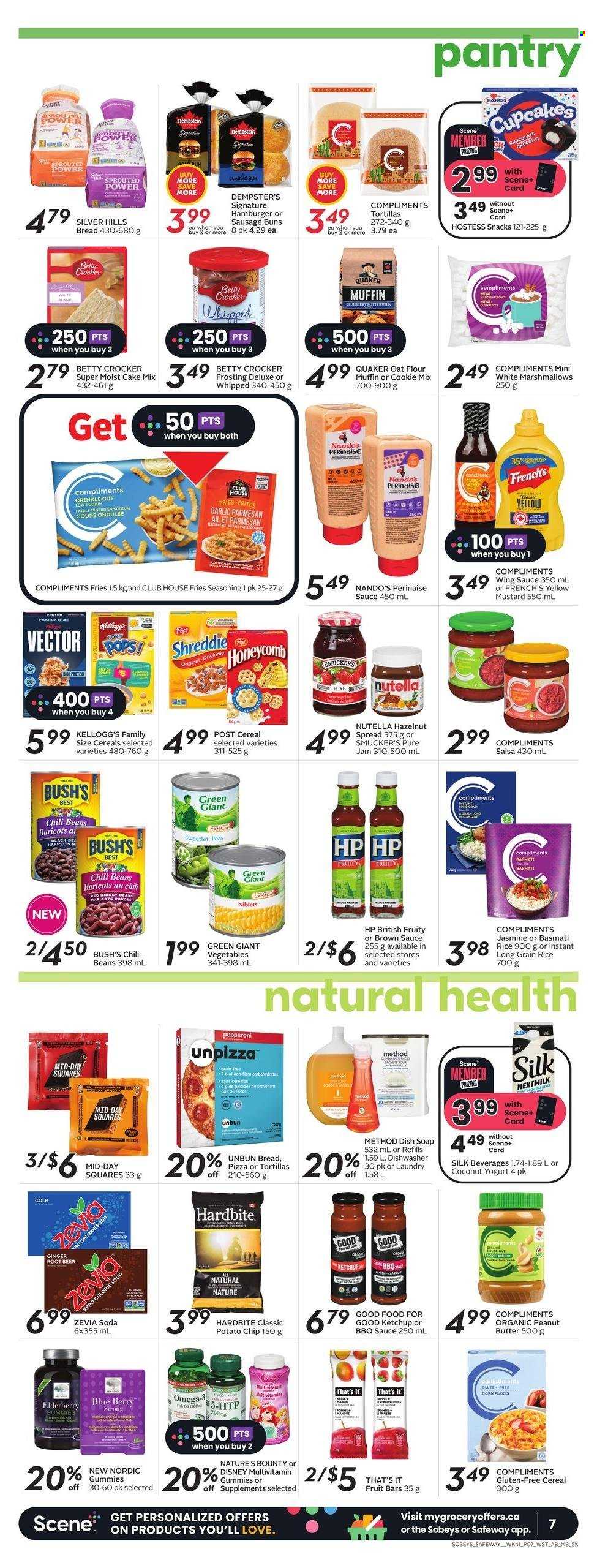 thumbnail - Sobeys Flyer - February 09, 2023 - February 15, 2023 - Sales products - tortillas, cake, buns, cupcake, beans, corn, ginger, pizza, hamburger, sauce, Quaker, sausage, pepperoni, yoghurt, buttermilk, Silk, potato fries, marshmallows, snack, Kellogg's, frosting, oats, kidney beans, chili beans, corn flakes, basmati rice, rice, long grain rice, spice, BBQ sauce, mustard, brown sauce, salsa, wing sauce, fruit jam, peanut butter, hazelnut spread, soda, beer, soap, Hill's, multivitamin, Nature's Bounty, Omega-3, ketchup, Nutella. Page 9.