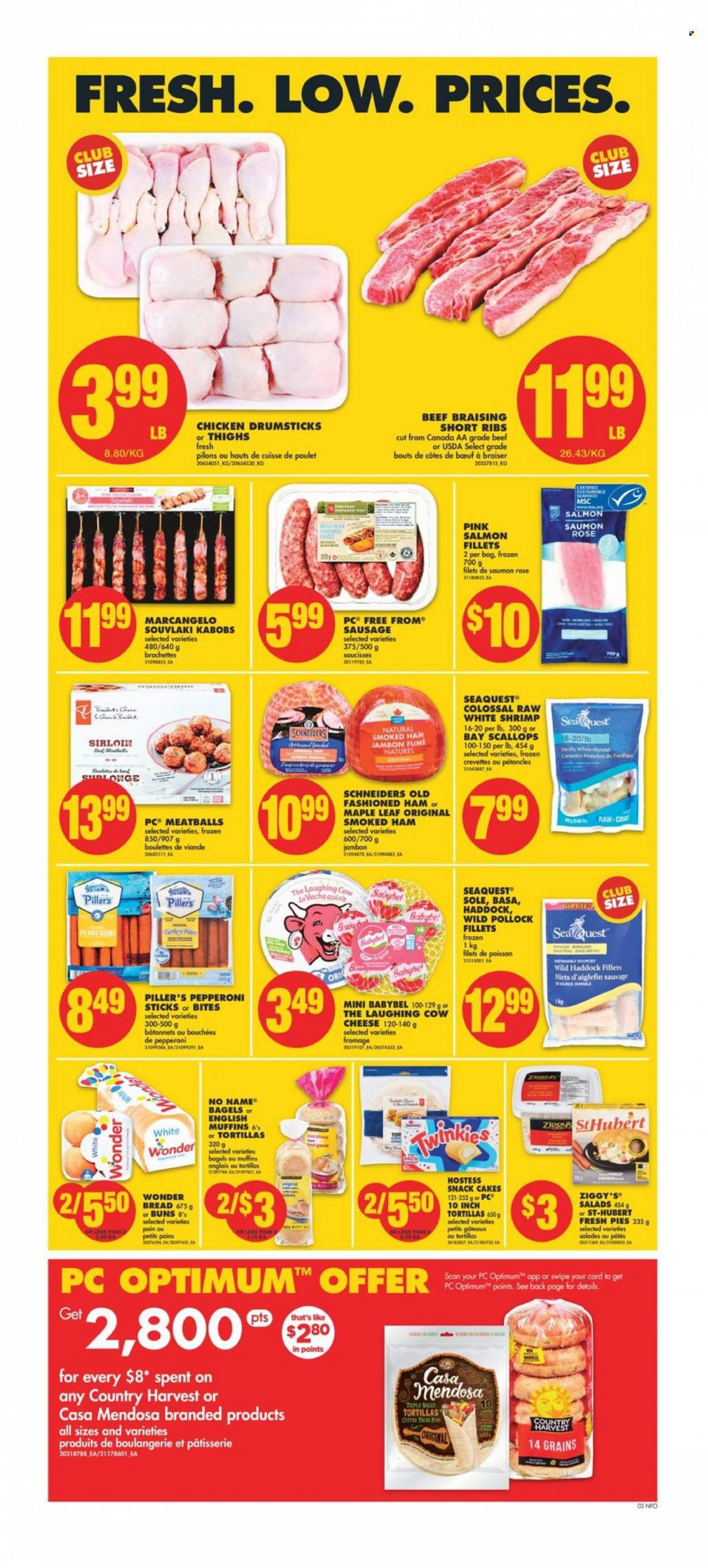 thumbnail - No Frills Flyer - February 09, 2023 - February 15, 2023 - Sales products - bagels, bread, english muffins, tortillas, cake, buns, salmon, salmon fillet, scallops, haddock, pollock, shrimps, No Name, meatballs, ham, smoked ham, sausage, pepperoni, cheese, The Laughing Cow, Babybel, Country Harvest, snack, wine, rosé wine, chicken drumsticks, chicken, ribs, Optimum, bed. Page 3.