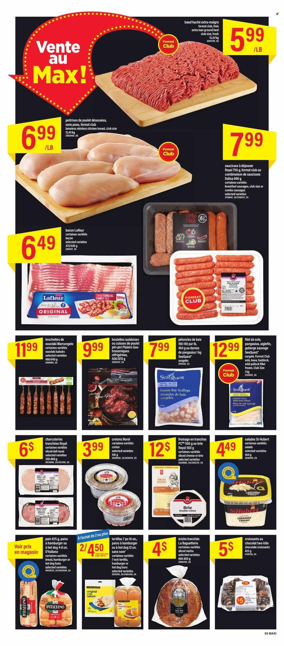 thumbnail - Maxi Flyer - February 09, 2023 - February 15, 2023 - Sales products - tortillas, buns, scallops, haddock, pollock, pangasius, bacon, sausage, sliced cheese, brie, chicken breasts, chicken, beef meat, ground beef. Page 3.