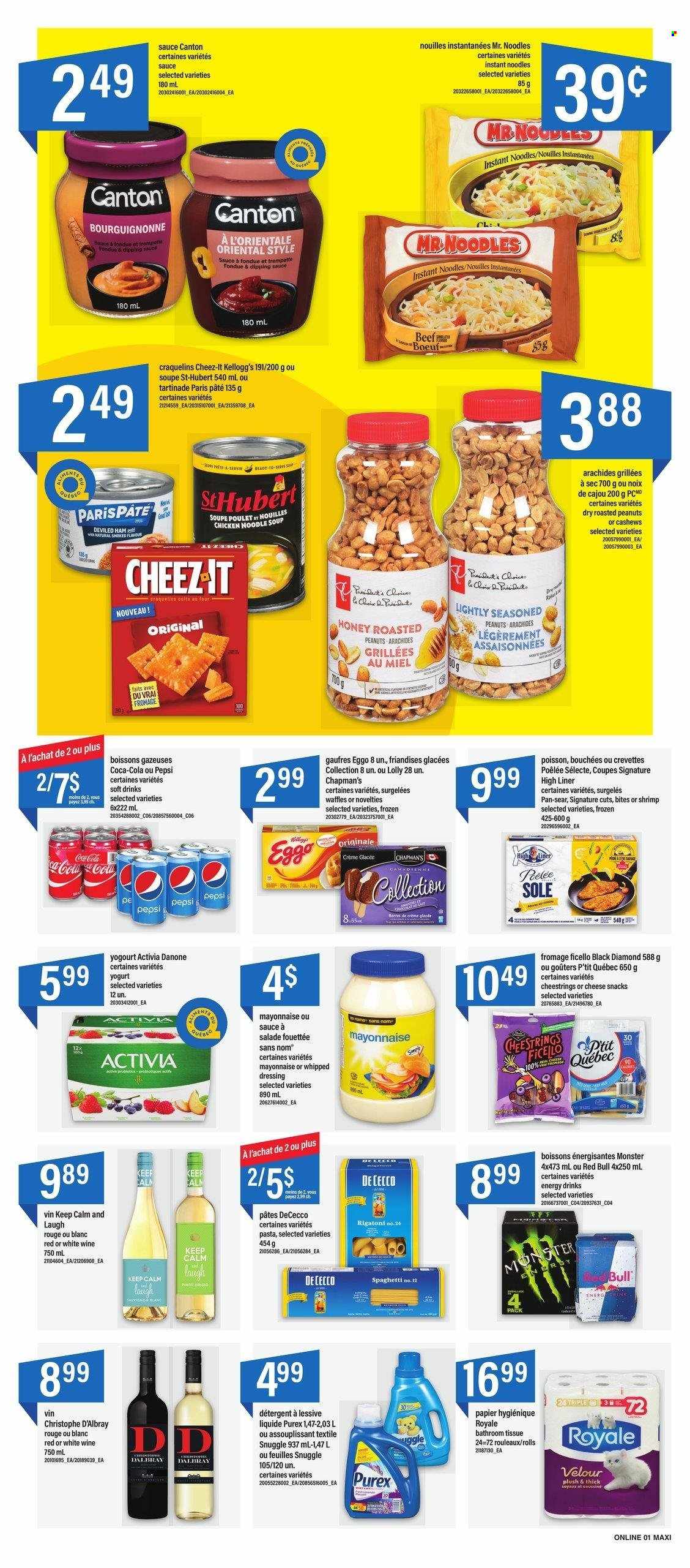thumbnail - Maxi Flyer - February 09, 2023 - February 15, 2023 - Sales products - waffles, shrimps, spaghetti, soup, pasta, instant noodles, noodles cup, noodles, ham, string cheese, yoghurt, Activia, mayonnaise, snack, lollipop, Kellogg's, Cheez-It, dressing, cashews, roasted peanuts, peanuts, Coca-Cola, Pepsi, energy drink, Monster, soft drink, Red Bull, bath tissue, Snuggle, Purex, probiotics, detergent, Danone. Page 7.