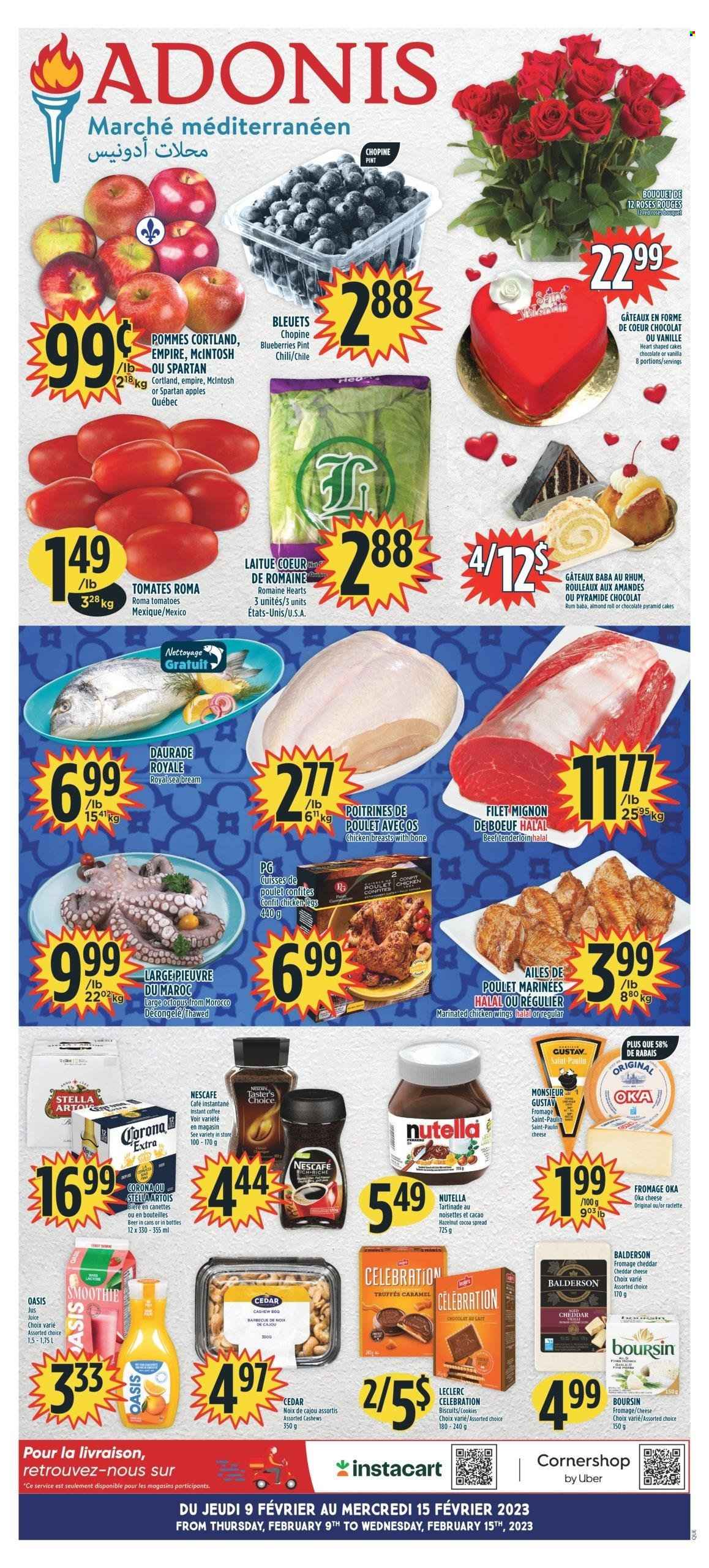 thumbnail - Adonis Flyer - February 09, 2023 - February 15, 2023 - Sales products - cake, tomatoes, apples, blueberries, octopus, seabream, raclette cheese, cheddar, cheese, chicken wings, cookies, chocolate, Celebration, biscuit, cocoa, cashews, juice, smoothie, coffee, instant coffee, rum, beer, Stella Artois, Corona Extra, chicken breasts, marinated chicken, beef meat, beef tenderloin, Nutella, Nescafé. Page 1.